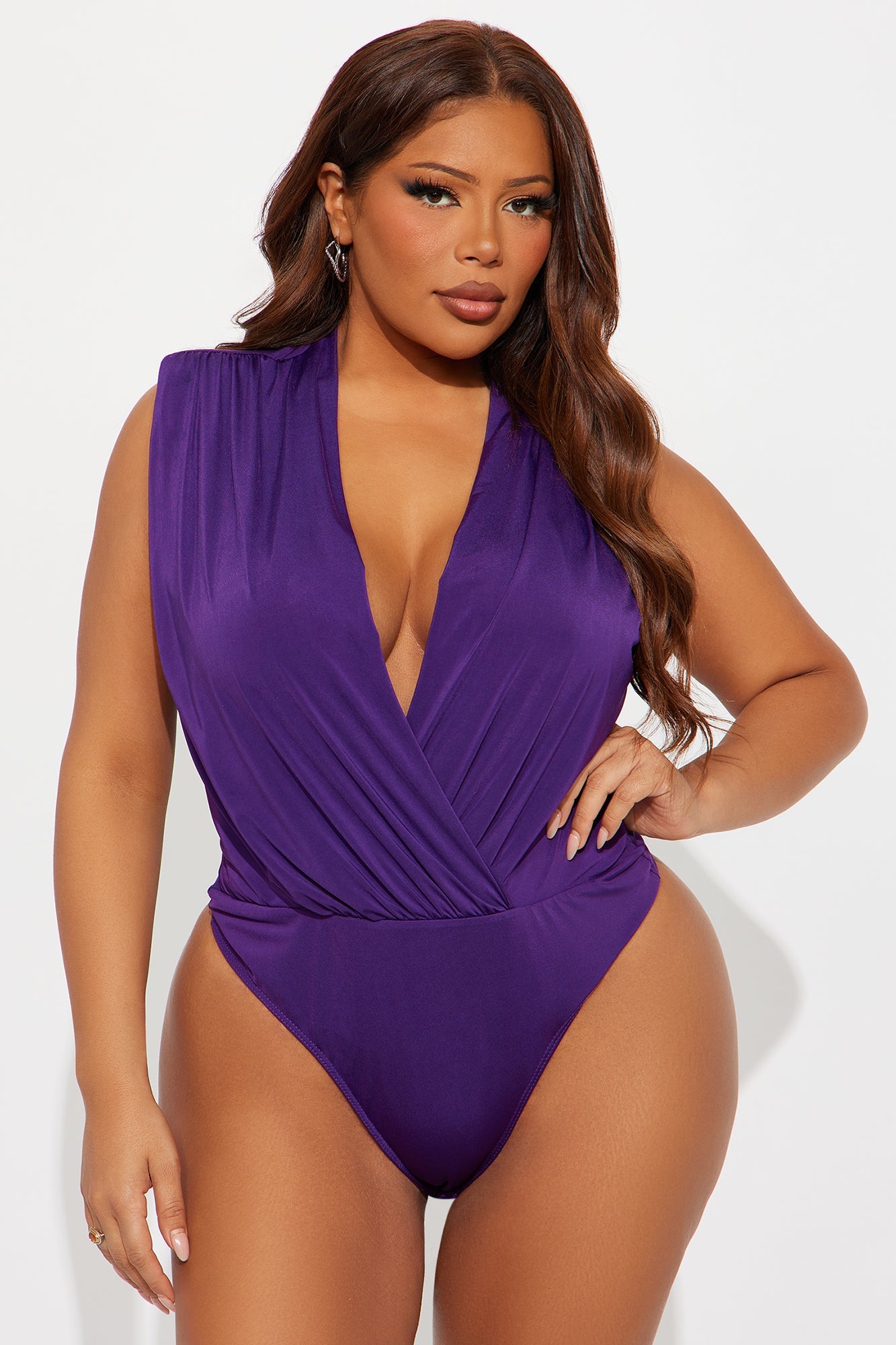 Gardenia Surplice Shoulder Pad Bodysuit - Eggplant