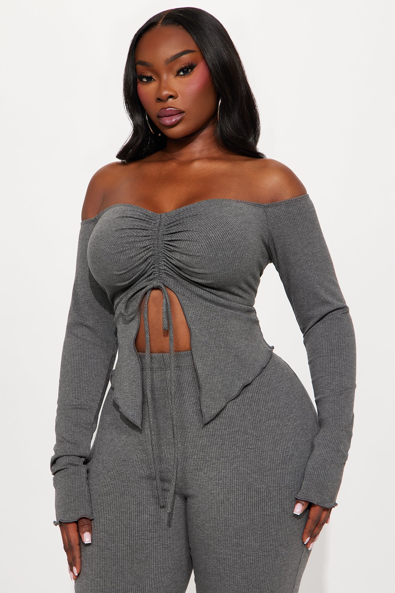 Adjust To Me Ribbed Off Shoulder Pant Set - Grey