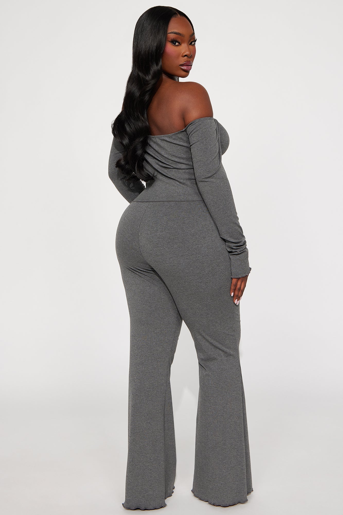 Adjust To Me Ribbed Off Shoulder Pant Set - Grey