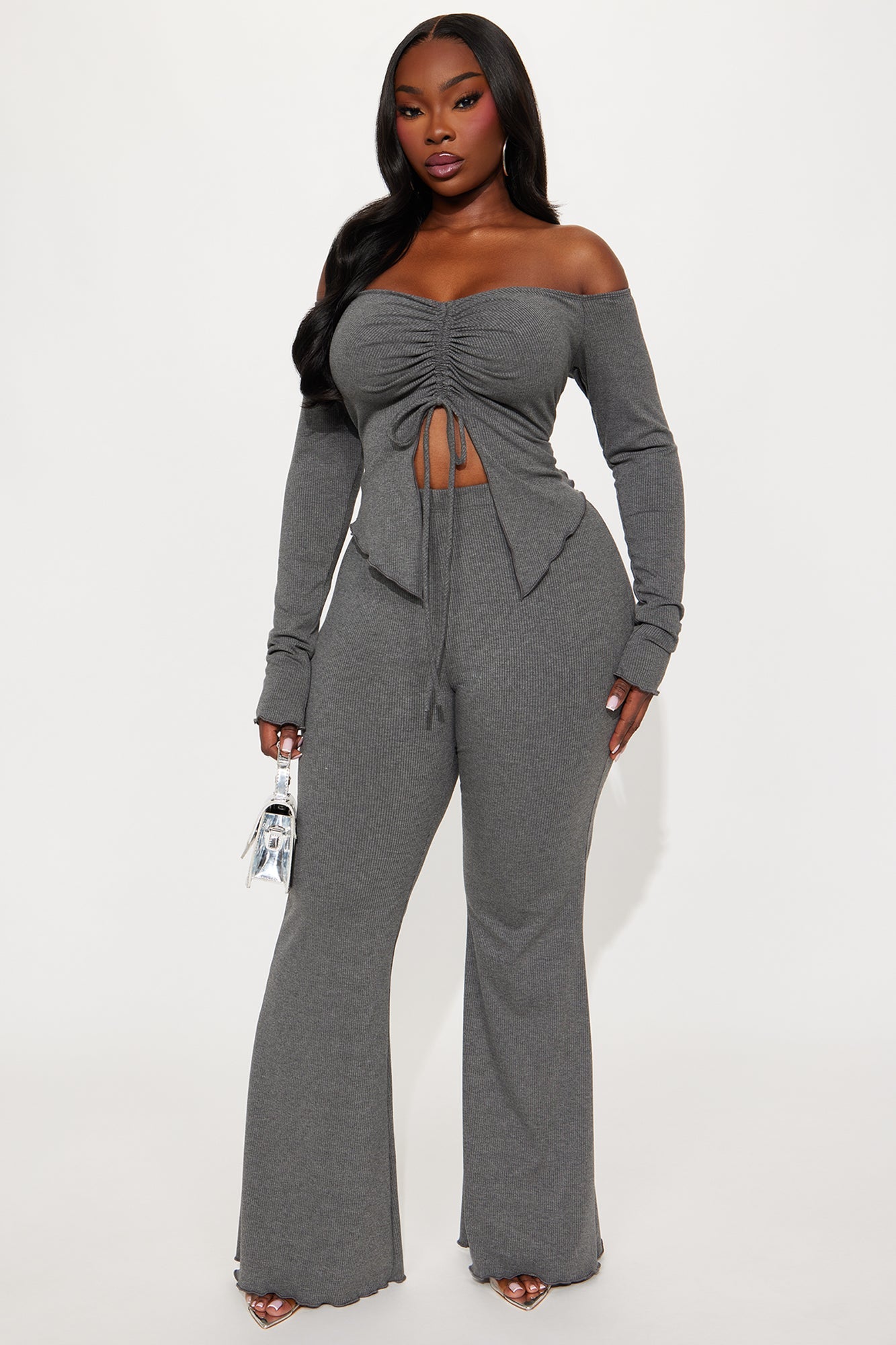 Adjust To Me Ribbed Off Shoulder Pant Set - Grey
