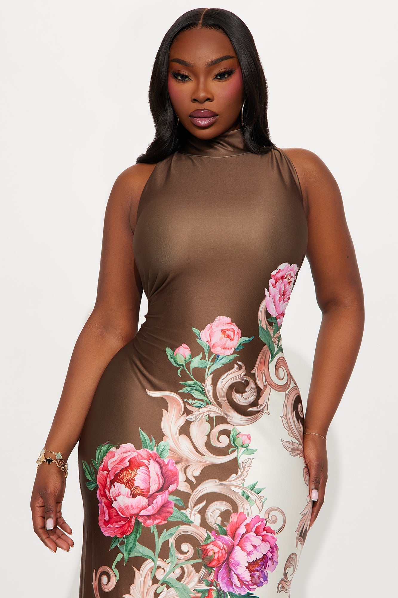Caroline Mock Neck Maxi Dress - Brown/combo