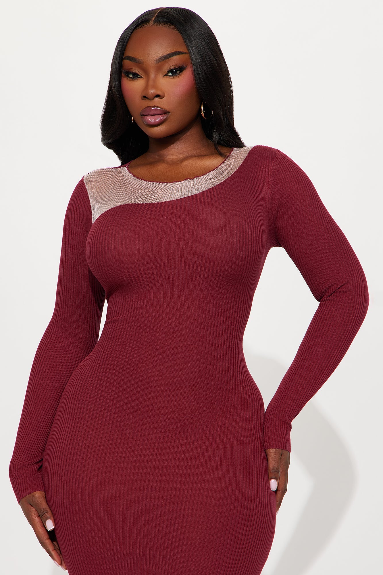 Bring The Drama Ribbed Midi Dress - Burgundy