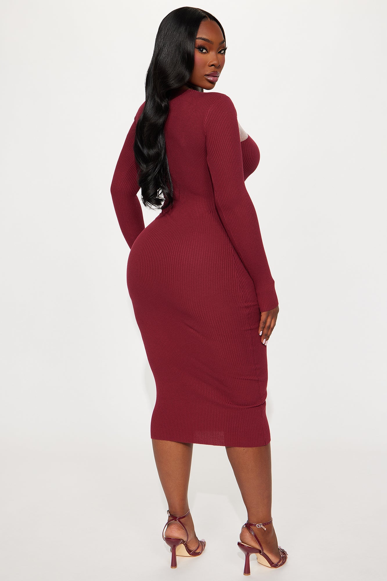Bring The Drama Ribbed Midi Dress - Burgundy