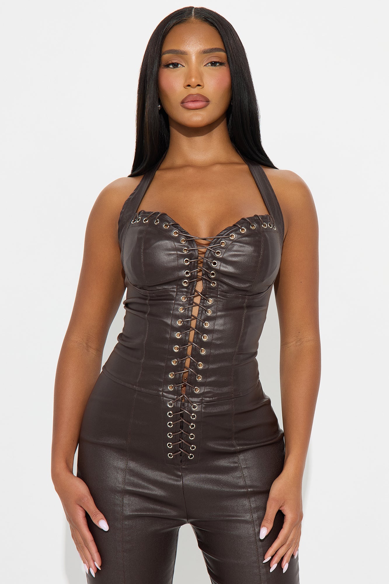 Bad Behavior Faux Leather Halter Jumpsuit - Chocolate