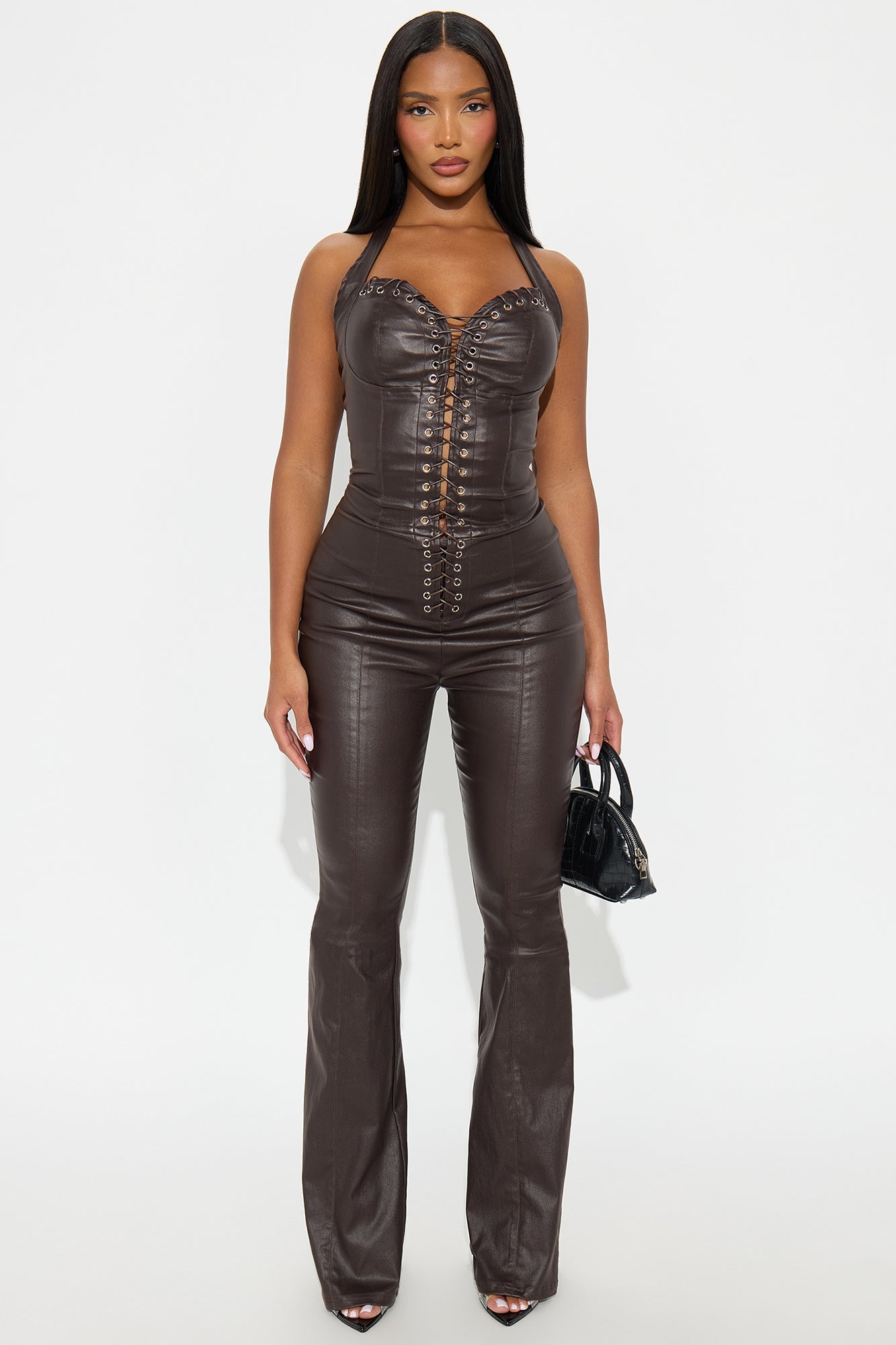 Bad Behavior Faux Leather Halter Jumpsuit - Chocolate