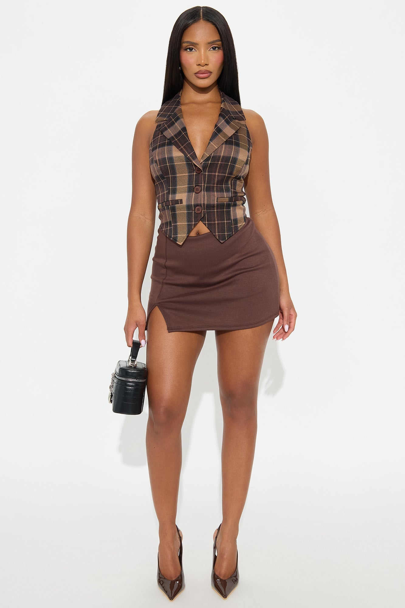 Maya Front Slit Scuba Micro Mini Skort - Chocolate