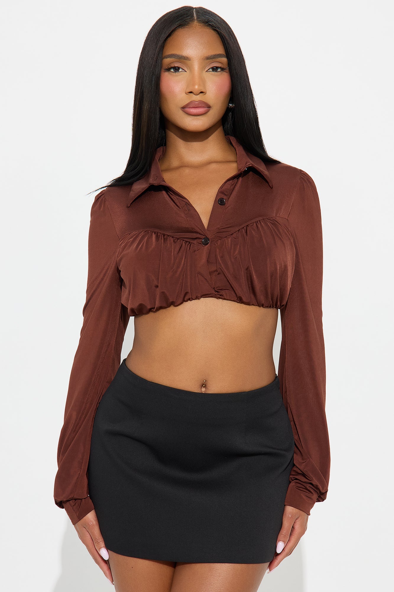 Catherine Long Sleeve Cropped Collared Top - Brown