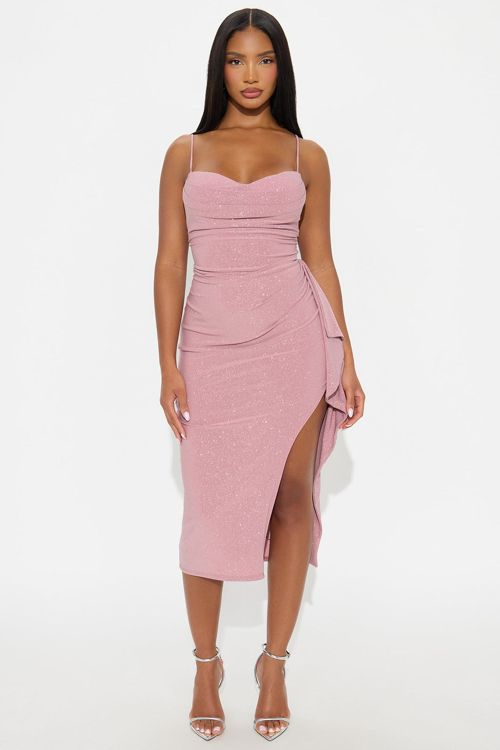Liana Ruched Glitter Midi Dress - Mauve