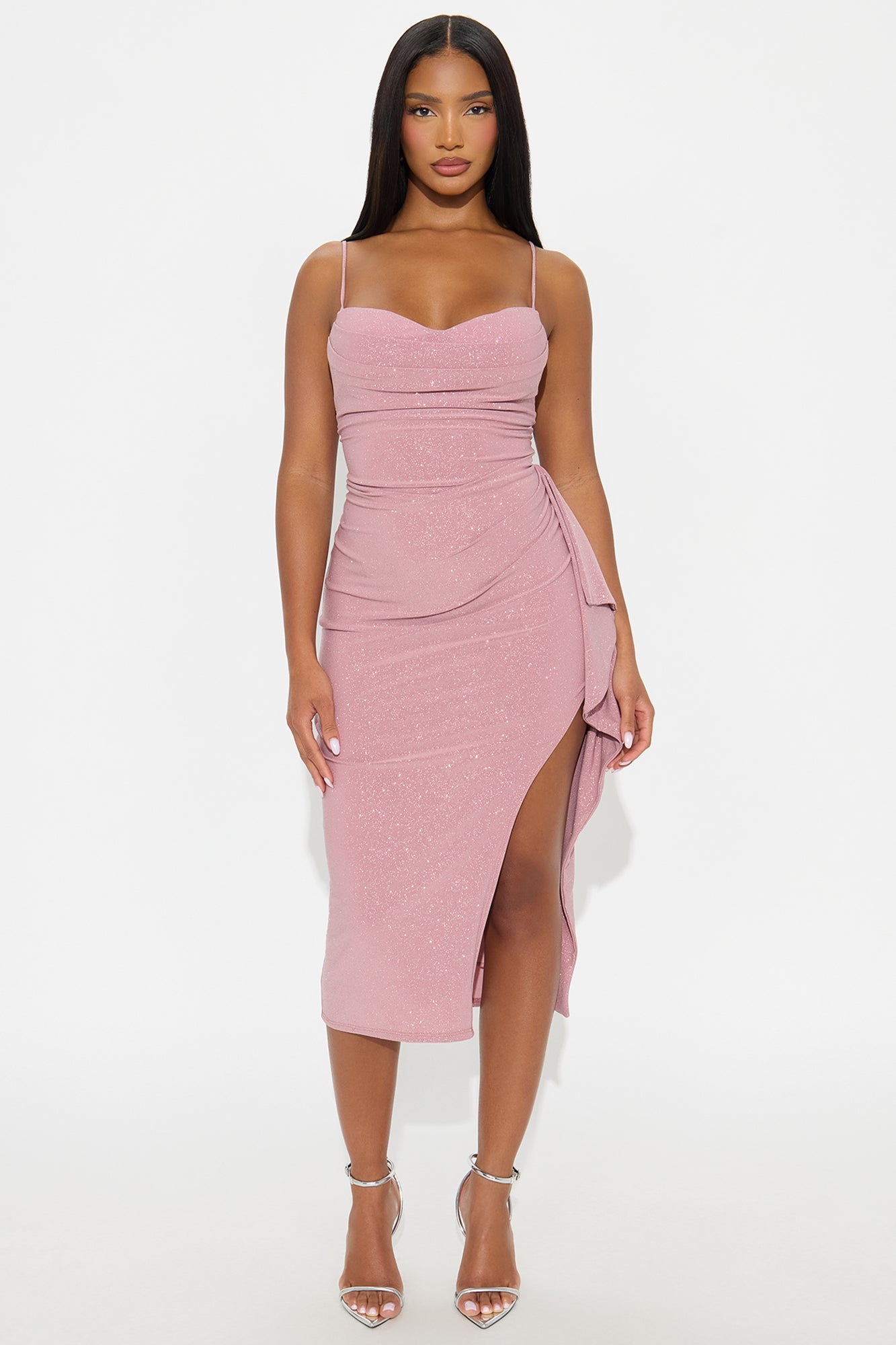 Liana Ruched Glitter Midi Dress - Mauve