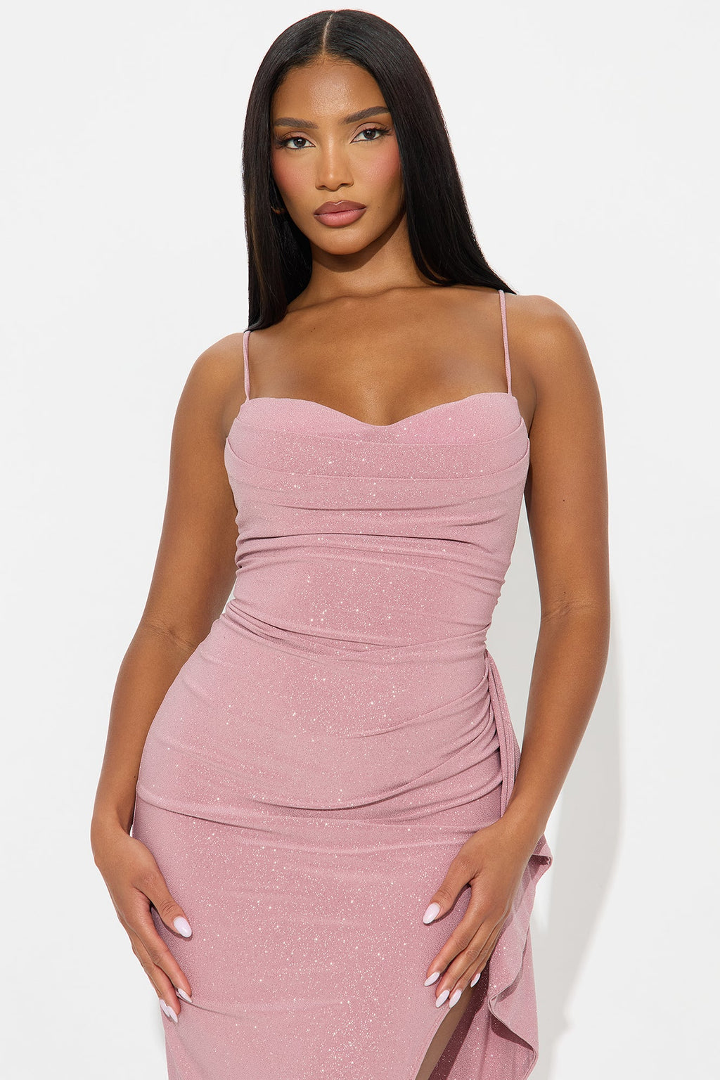 Liana Ruched Glitter Midi Dress - Mauve