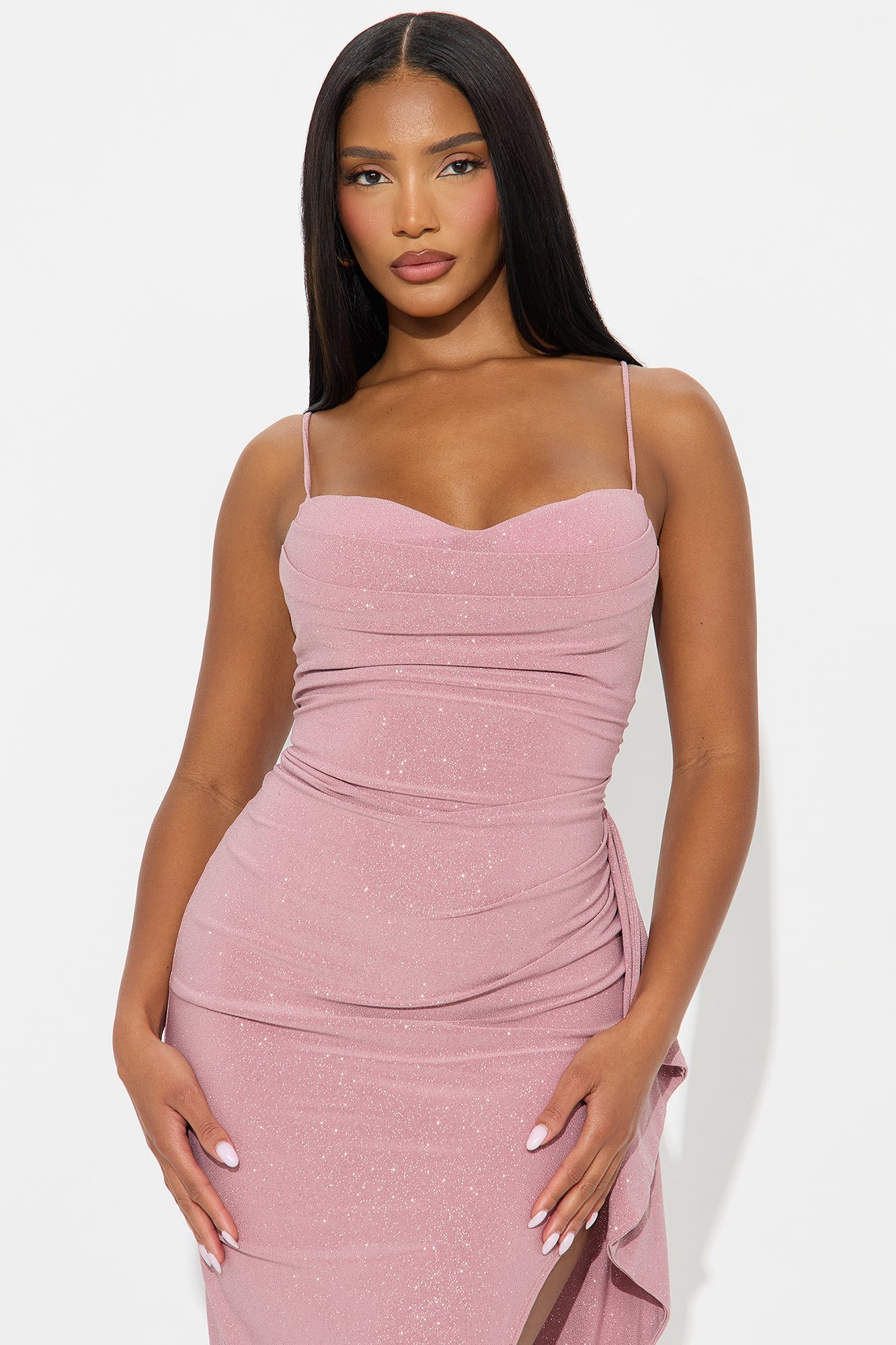 Liana Ruched Glitter Midi Dress - Mauve