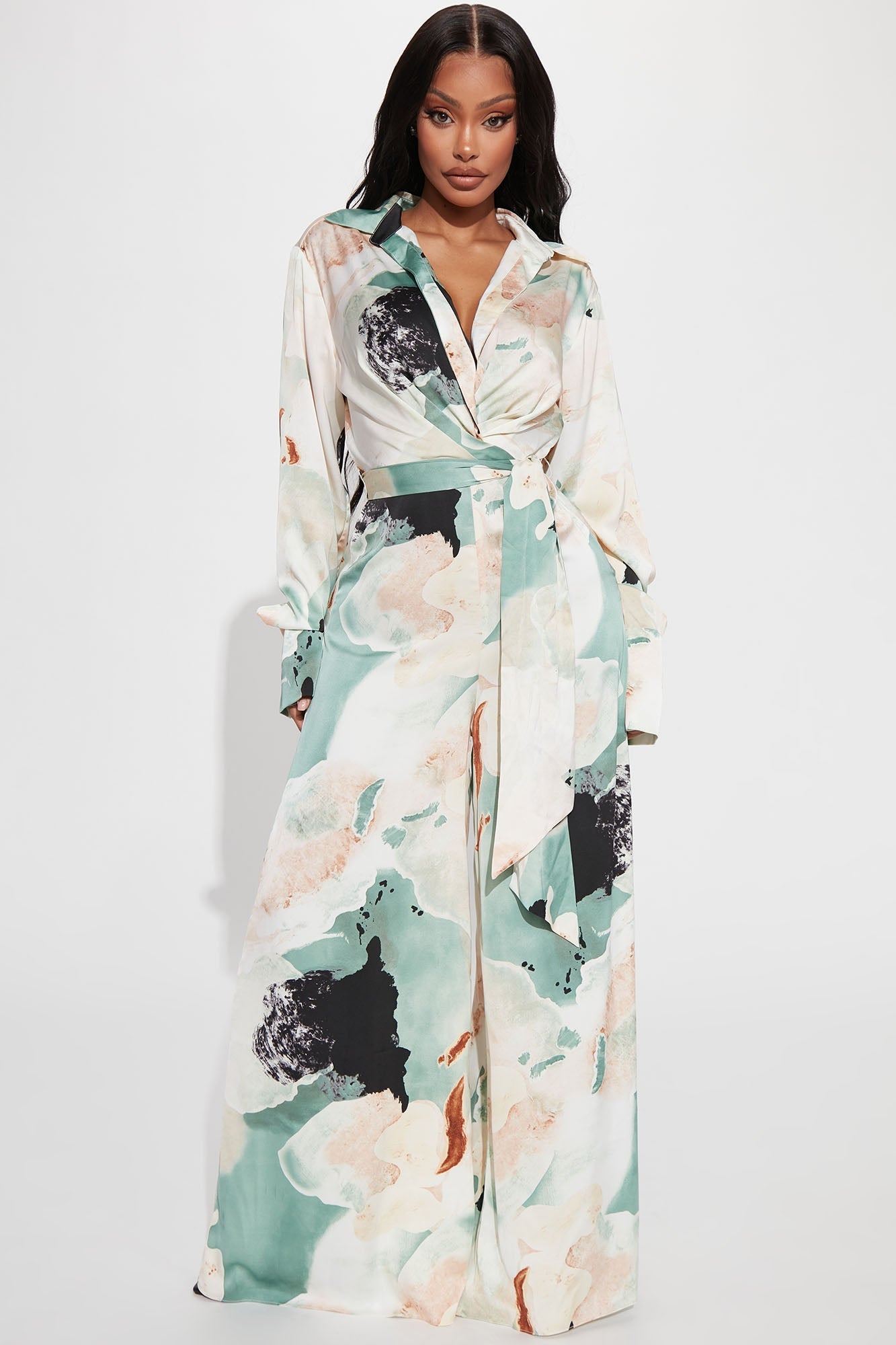 Take Me Away SatinJumpsuit - Green/combo