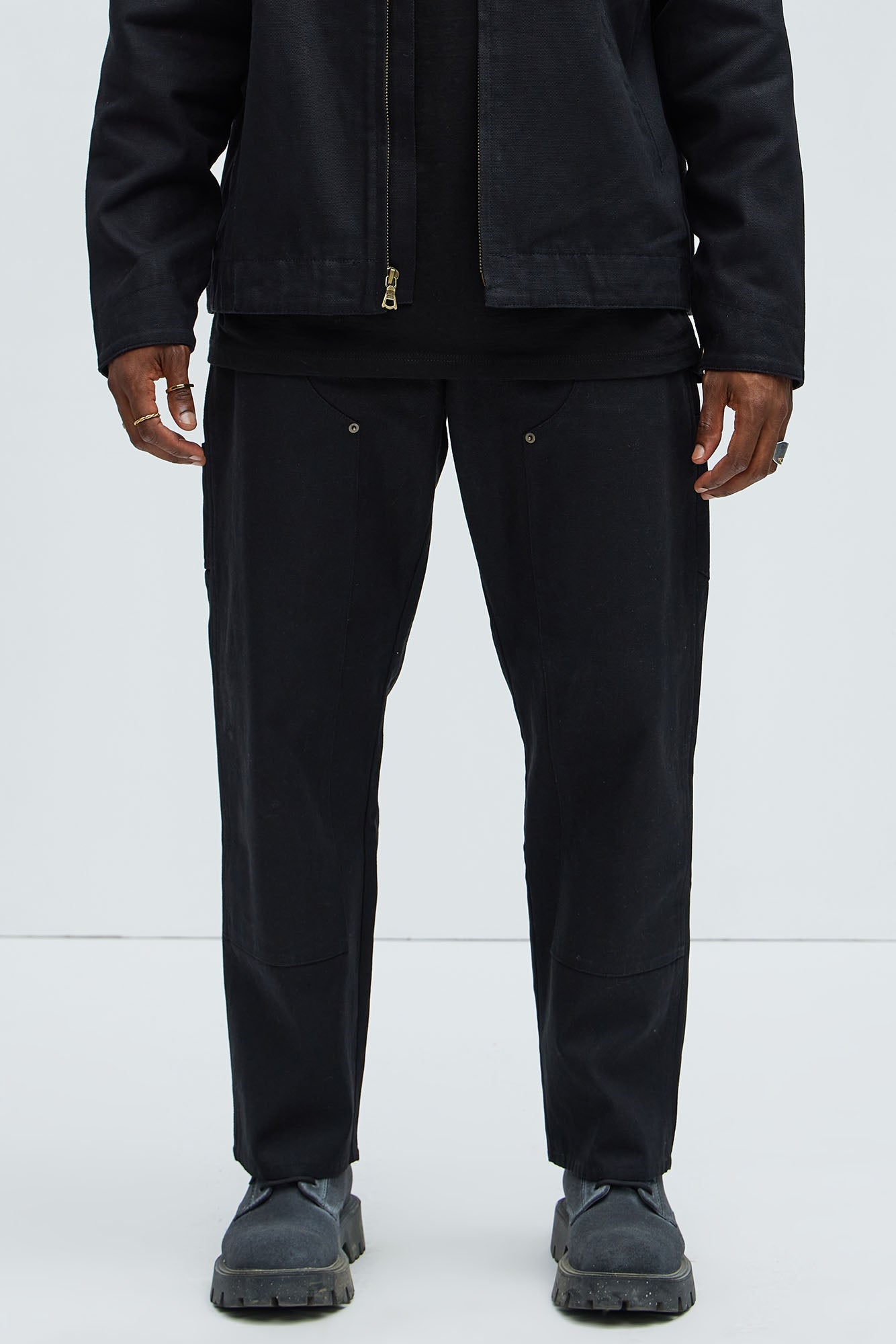 Alexander Double Knee Straight Utility Canvas Pants - Black