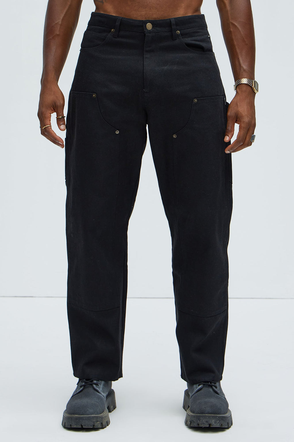 Alexander Double Knee Straight Utility Canvas Pants - Black