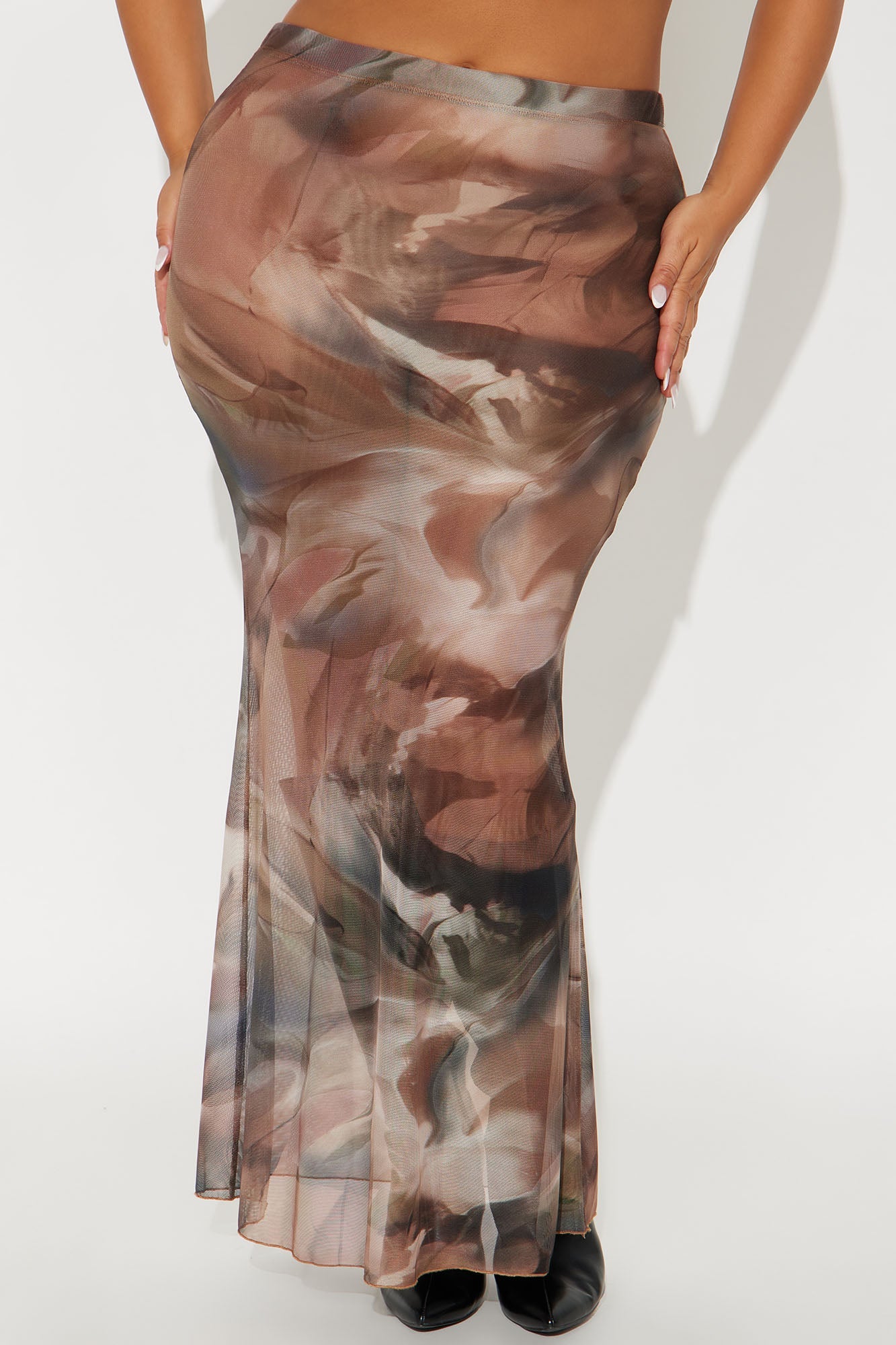 Sabine Sheer Abstract Mesh Maxi Skirt - Brown/combo