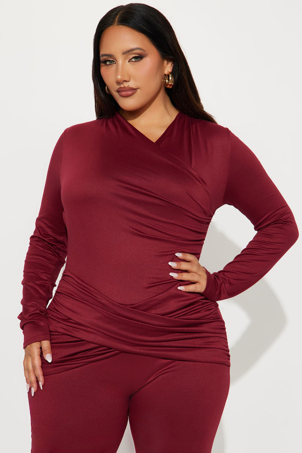 Rose Long Sleeve Wide Leg Jumpsuit - Burgundy