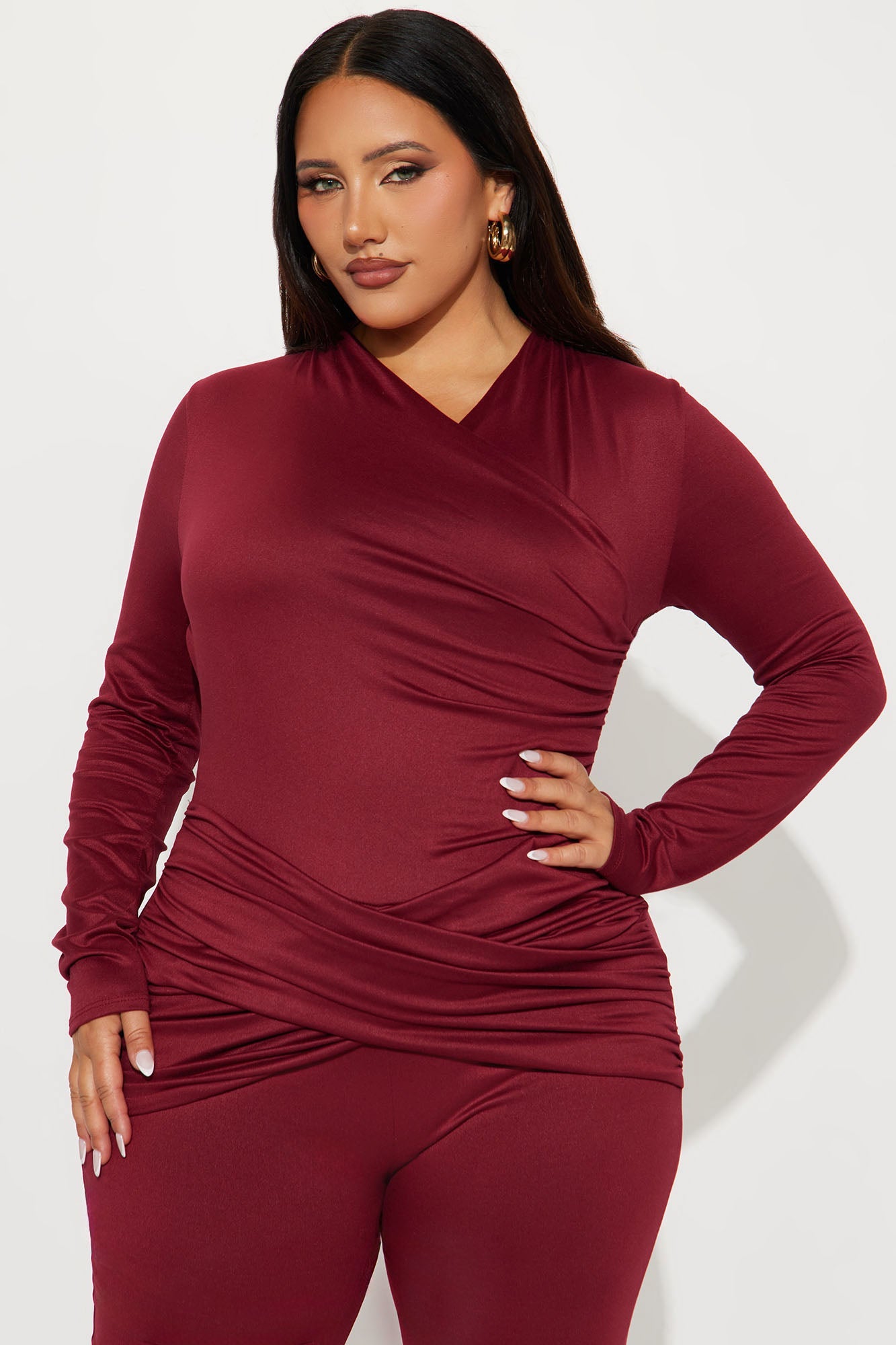 Rose Long Sleeve Wide Leg Jumpsuit - Burgundy