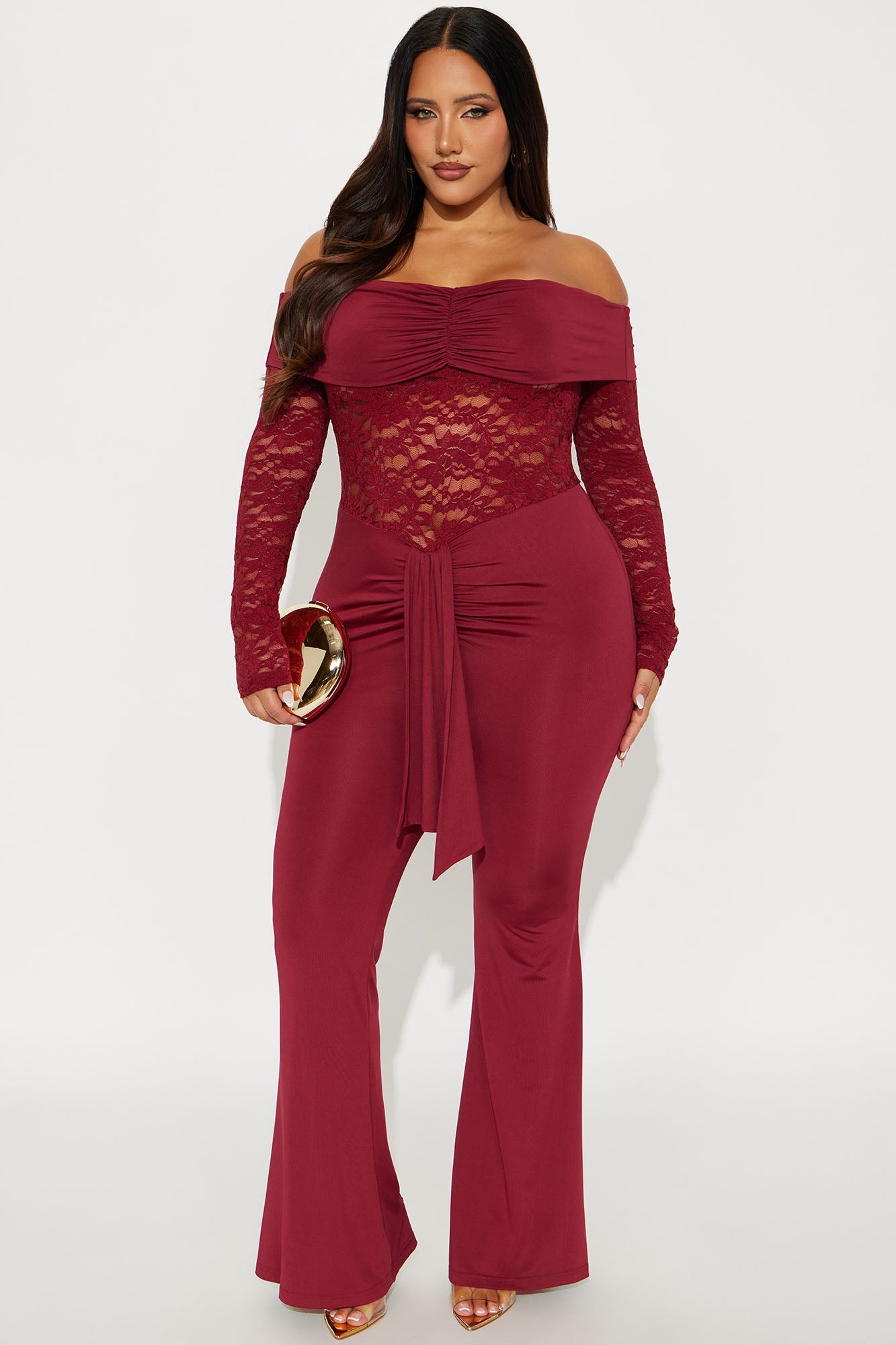 Hands On Lace Off Shoulder Jumpsuit - Burgundy