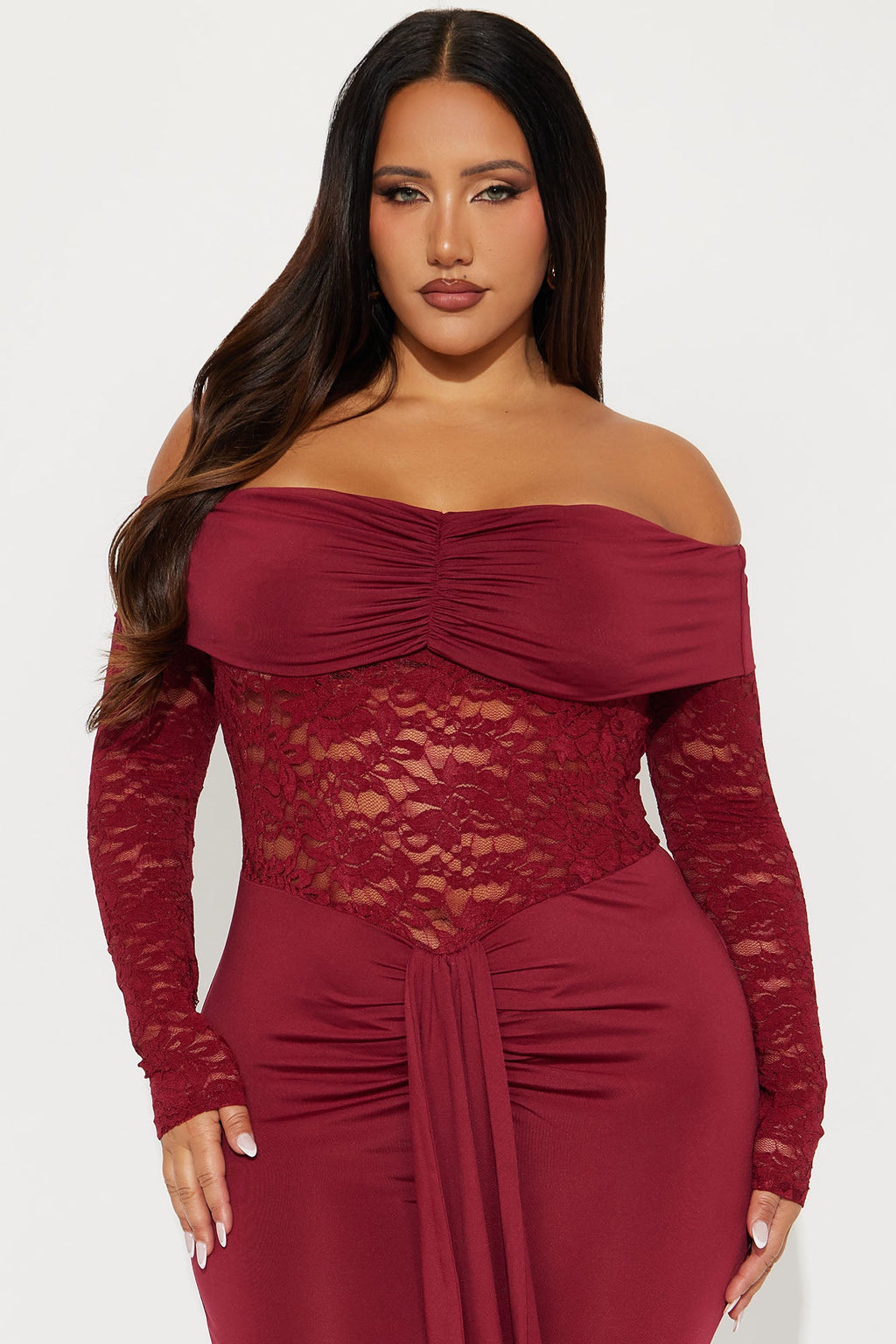 Hands On Lace Off Shoulder Jumpsuit - Burgundy