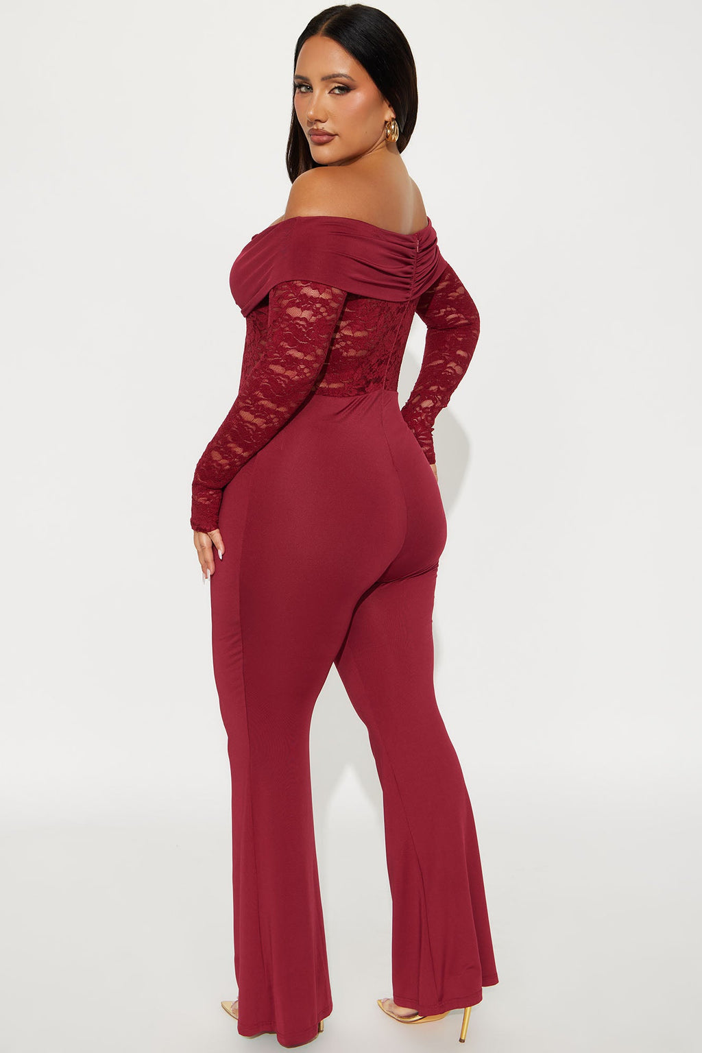 Hands On Lace Off Shoulder Jumpsuit - Burgundy