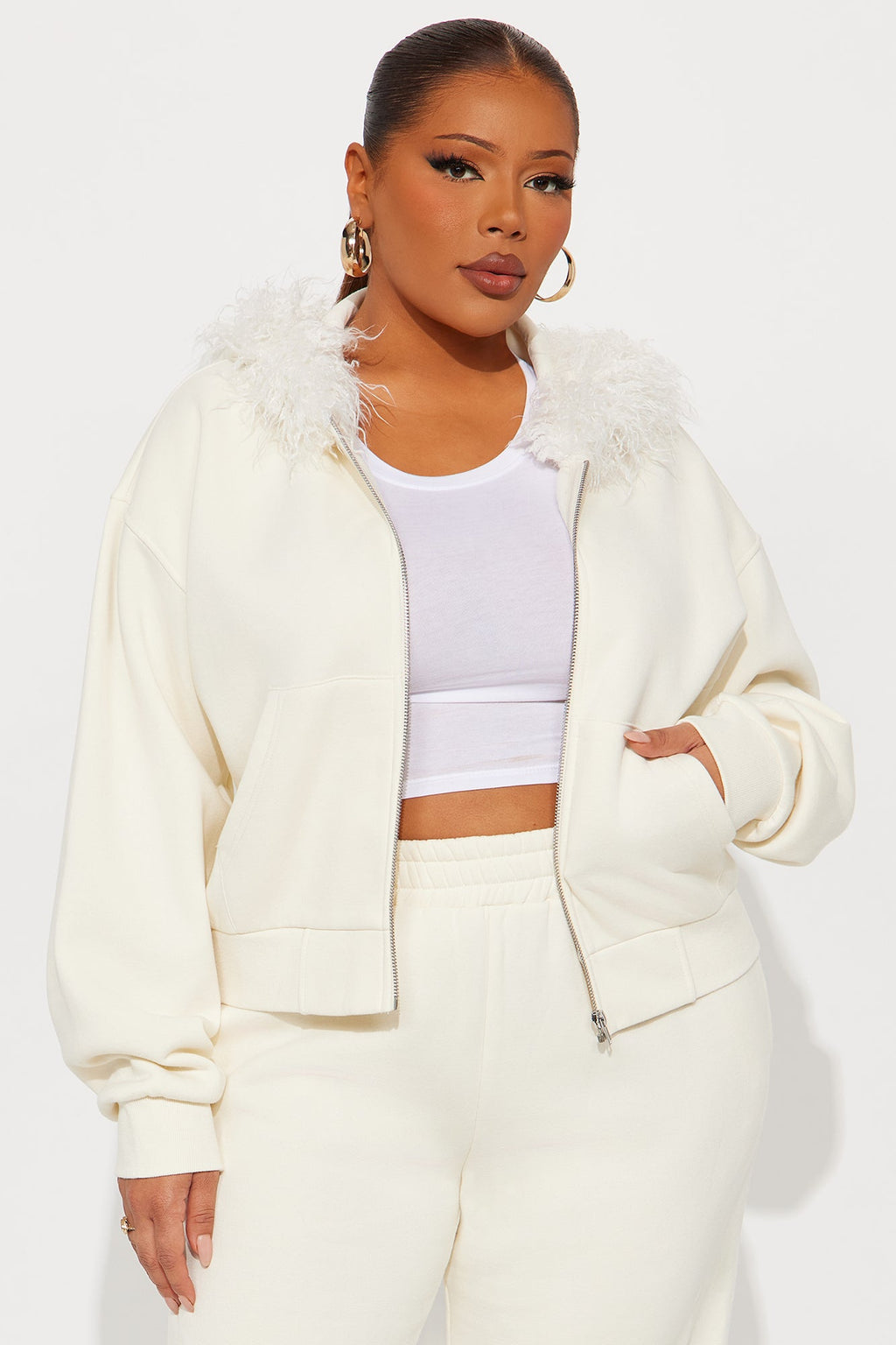 Keep Me Warm Faux Fur Trim Hoodie Set - Cream