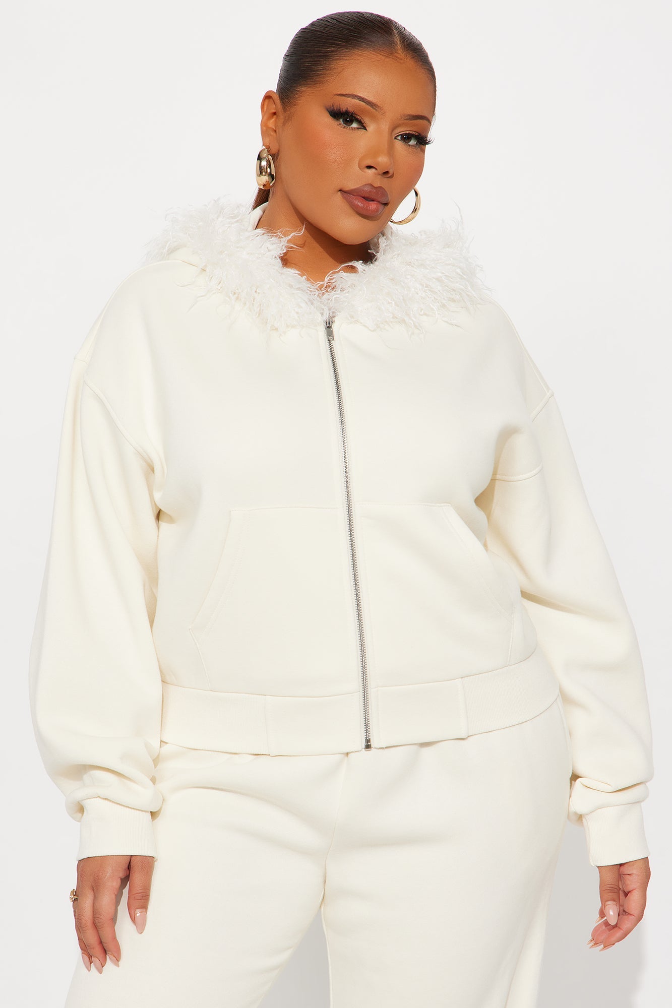 Keep Me Warm Faux Fur Trim Hoodie Set - Cream