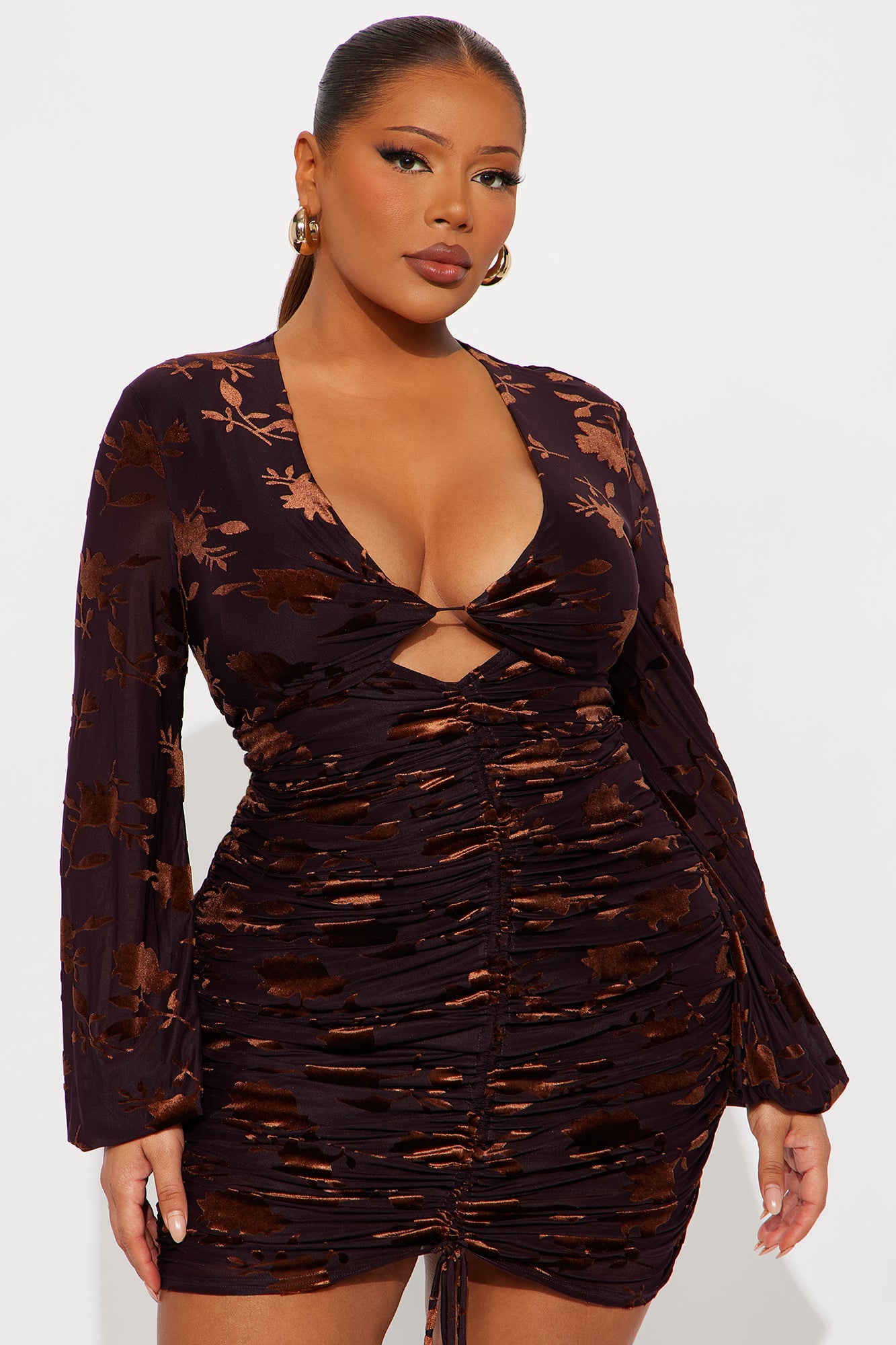 Poppy Flocked Long Sleeve Mini Dress - Wine/combo