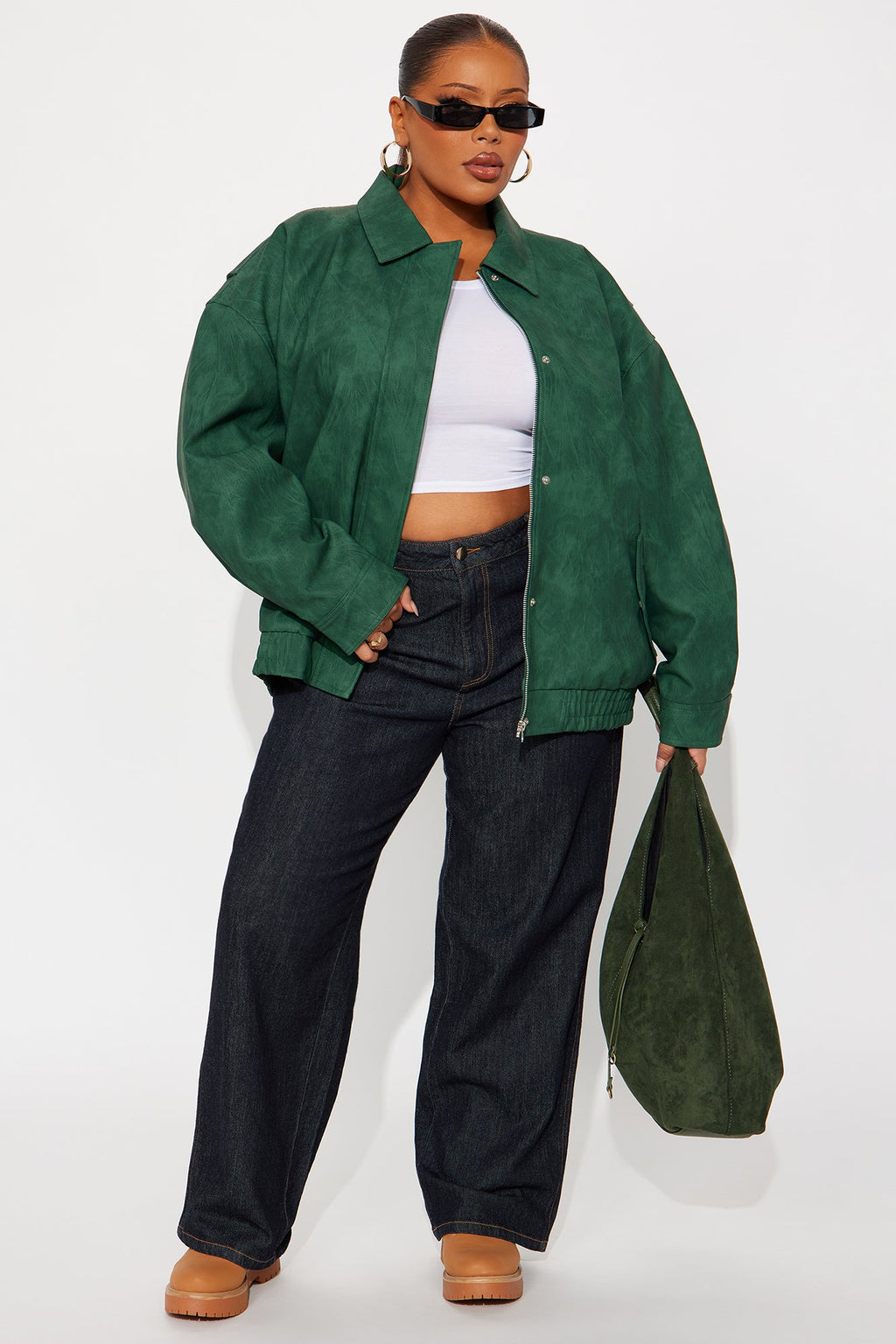 Alexis Washed Faux Leather Bomber Jacket - Hunter Green
