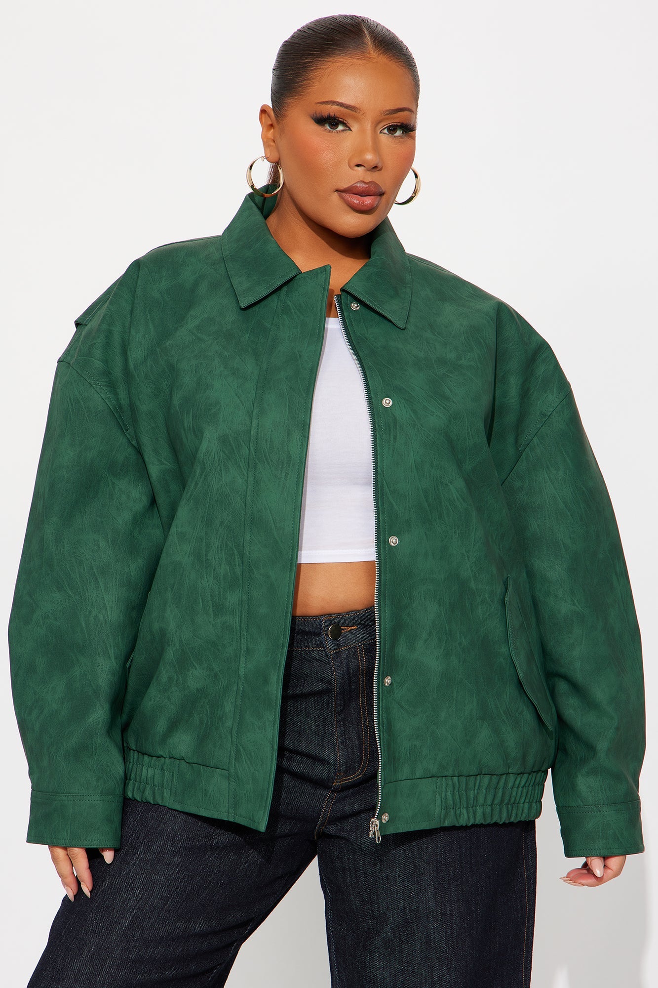 Alexis Washed Faux Leather Bomber Jacket - Hunter Green