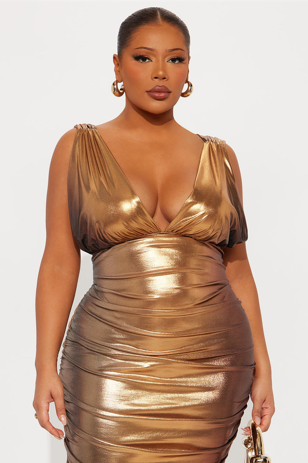 Marlena Metallic Ruched Midi Dress - Bronze