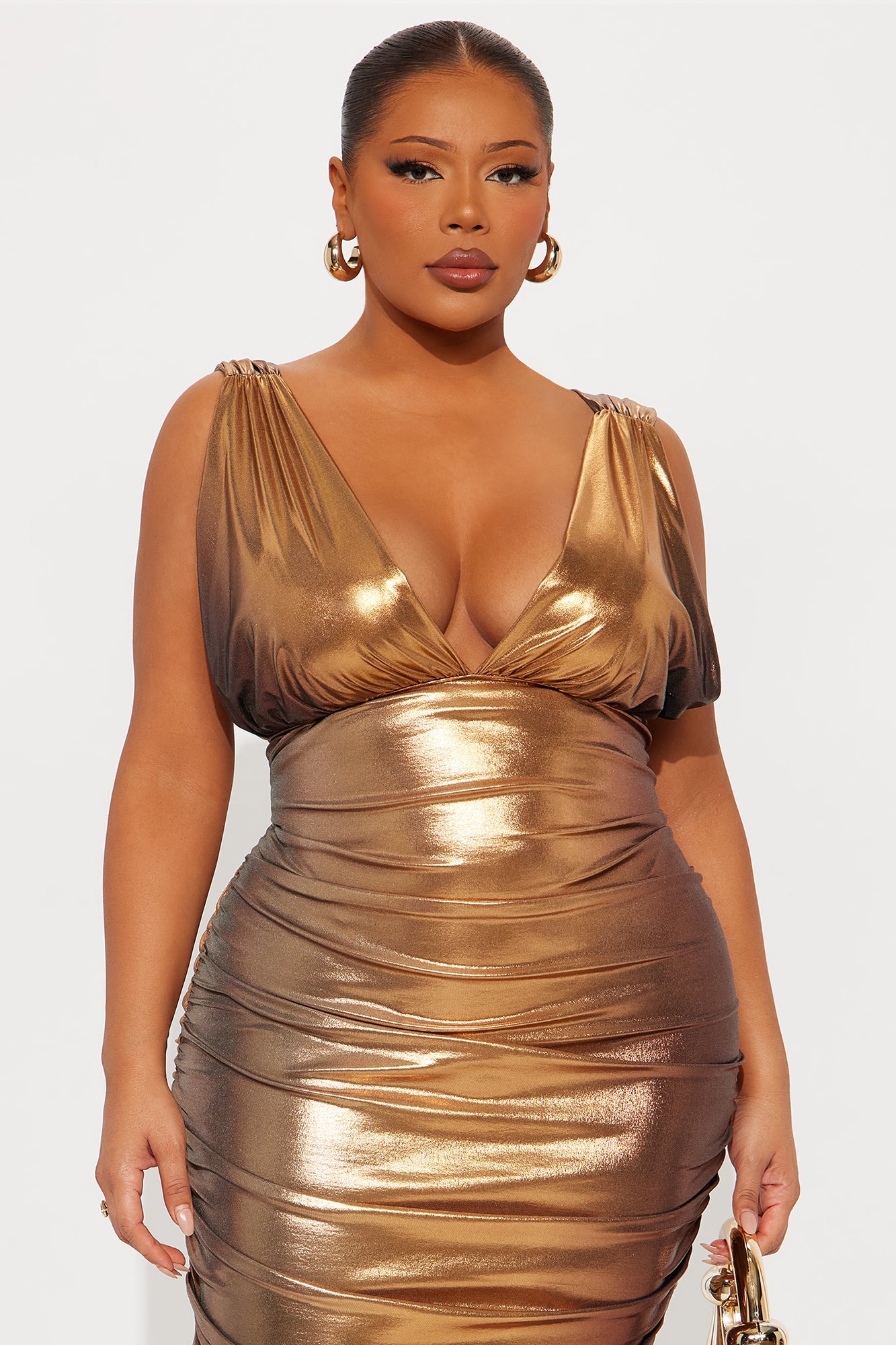 Marlena Metallic Ruched Midi Dress - Bronze