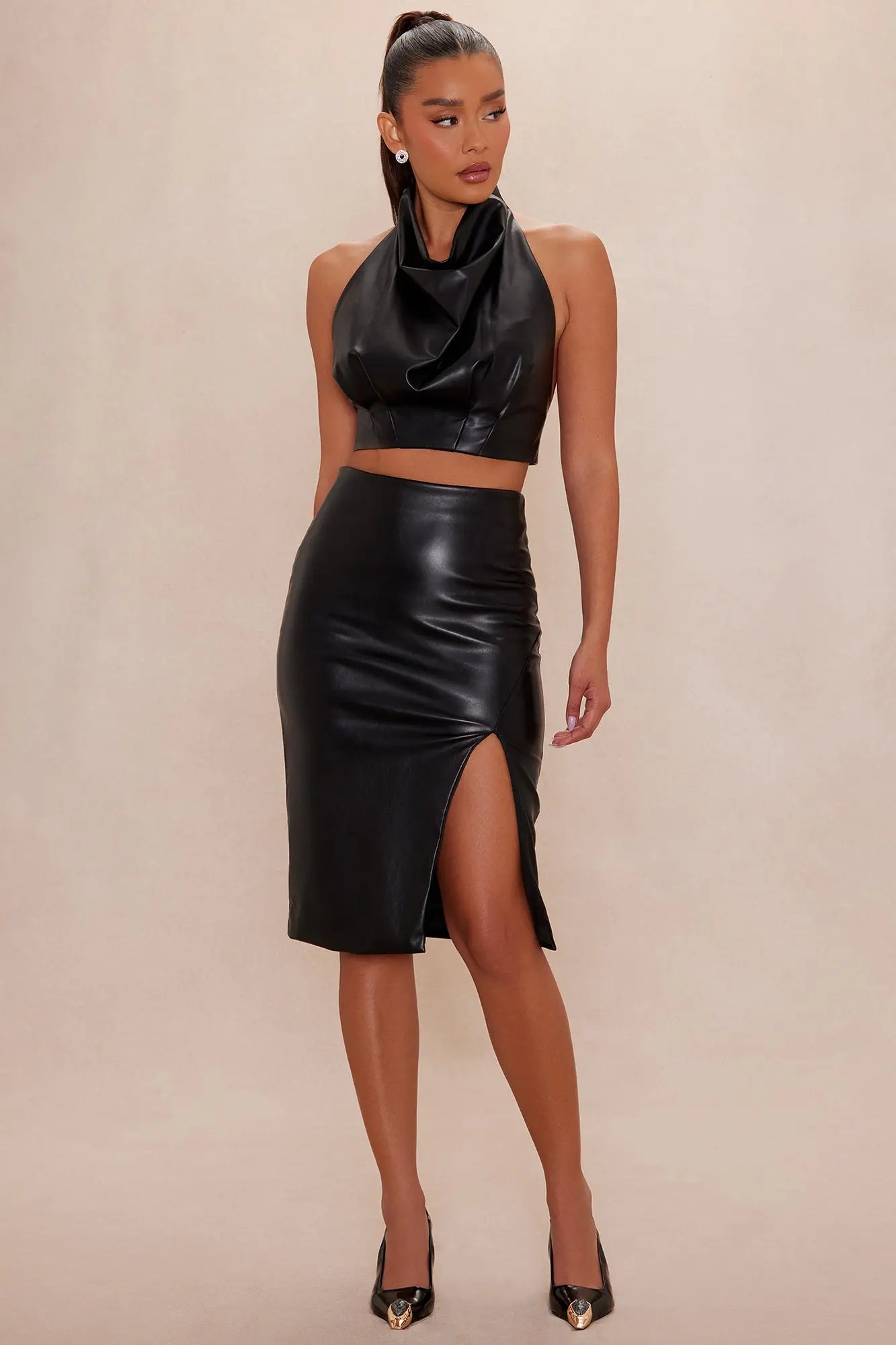Kendra Faux Leather Midi Skirt - Black 