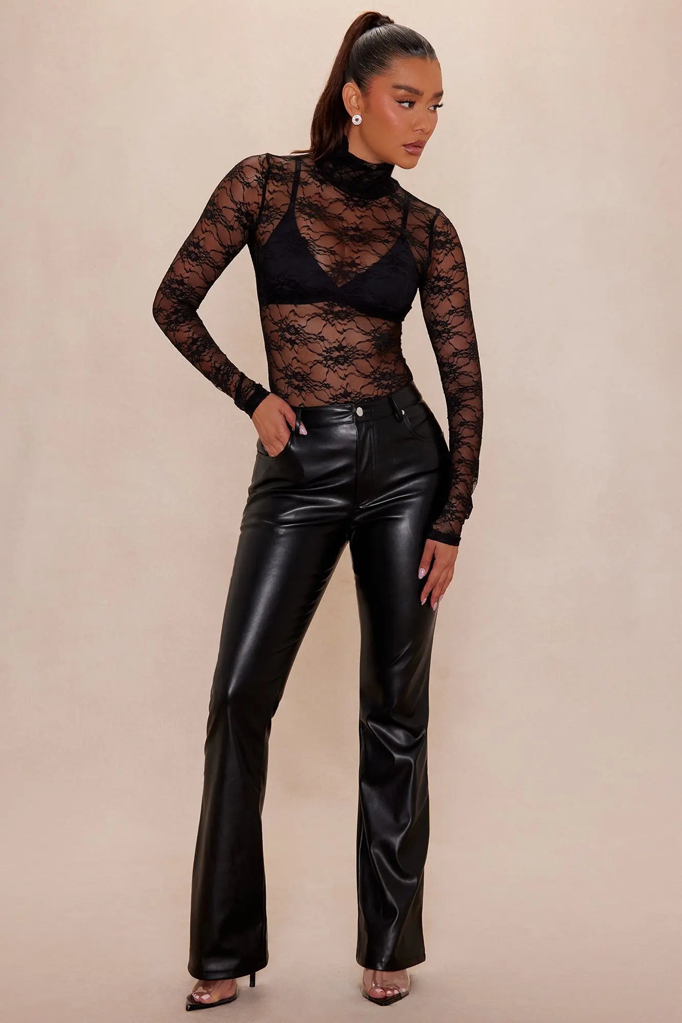Kendra Faux Leather Wide Leg Pant - Black 