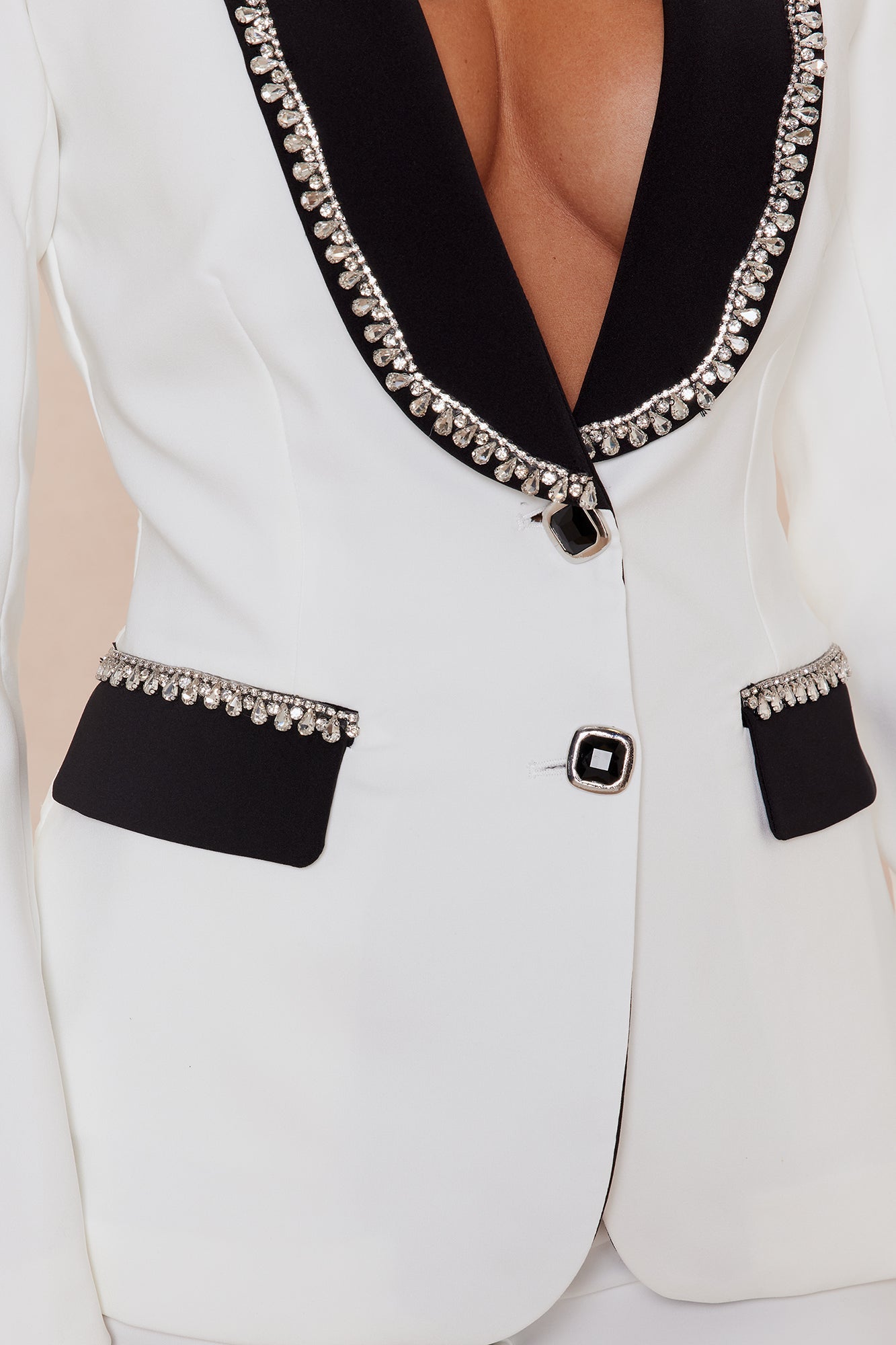 Riannon Rhinestone Embellished Blazer - White/Black 