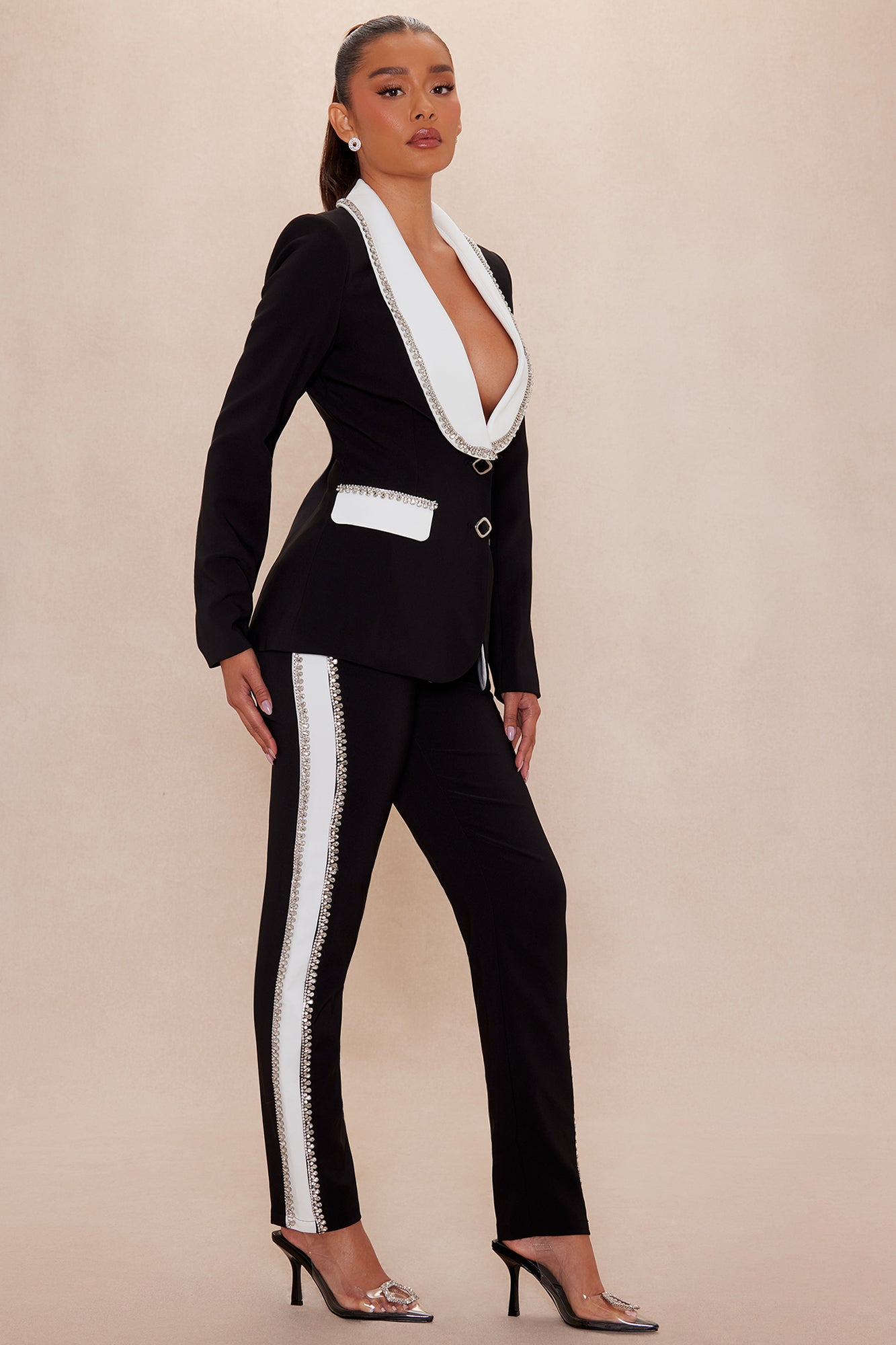 Riannon Rhinestone Embellished Pant - Black/White 