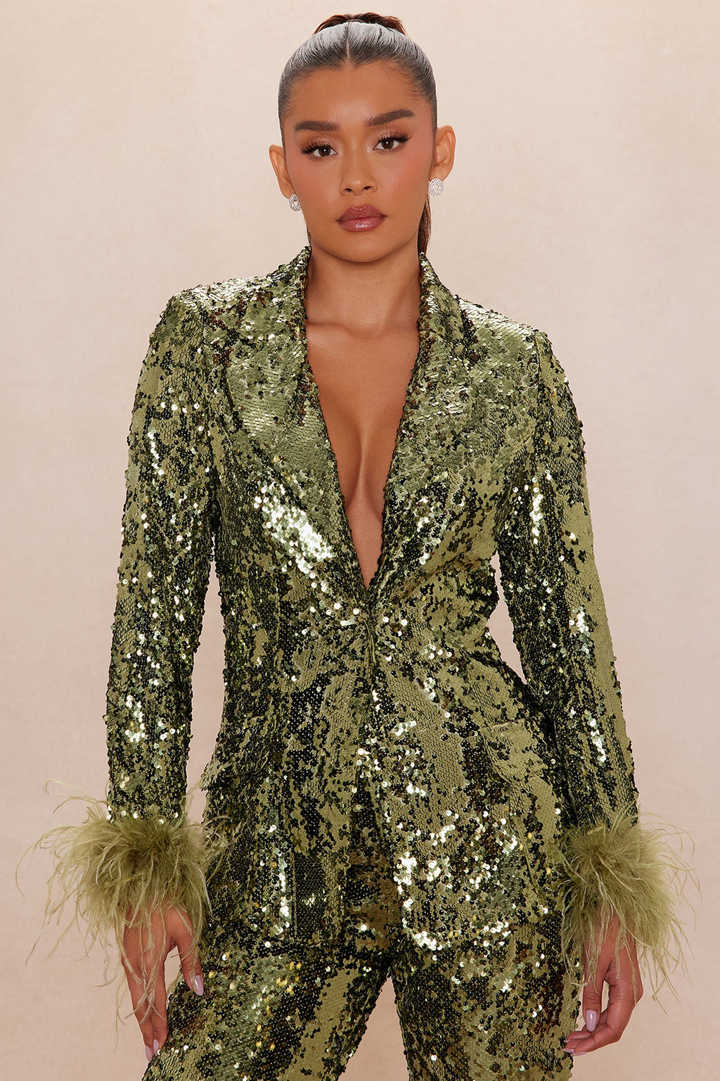 Dania Sequin Feather Blazer - Olive