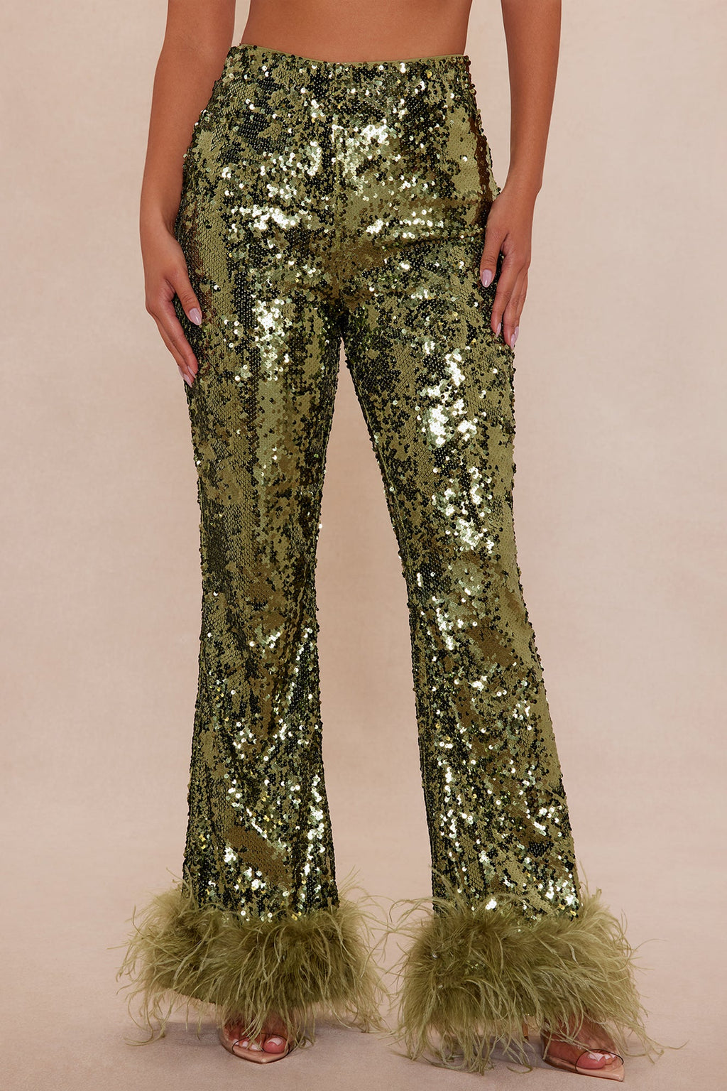Dania Sequin Feather Pant - Olive