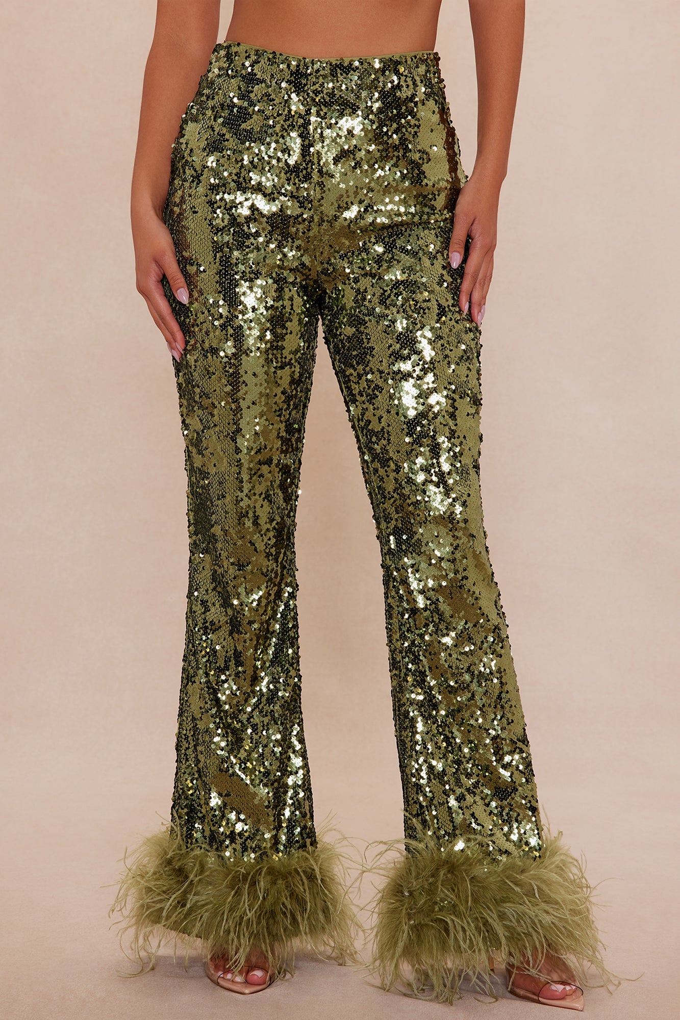 Dania Sequin Feather Pant - Olive