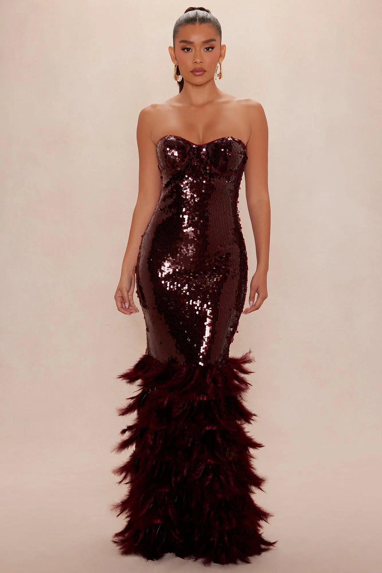 In The Moment Feathered Sequin Gown - Burgundy 