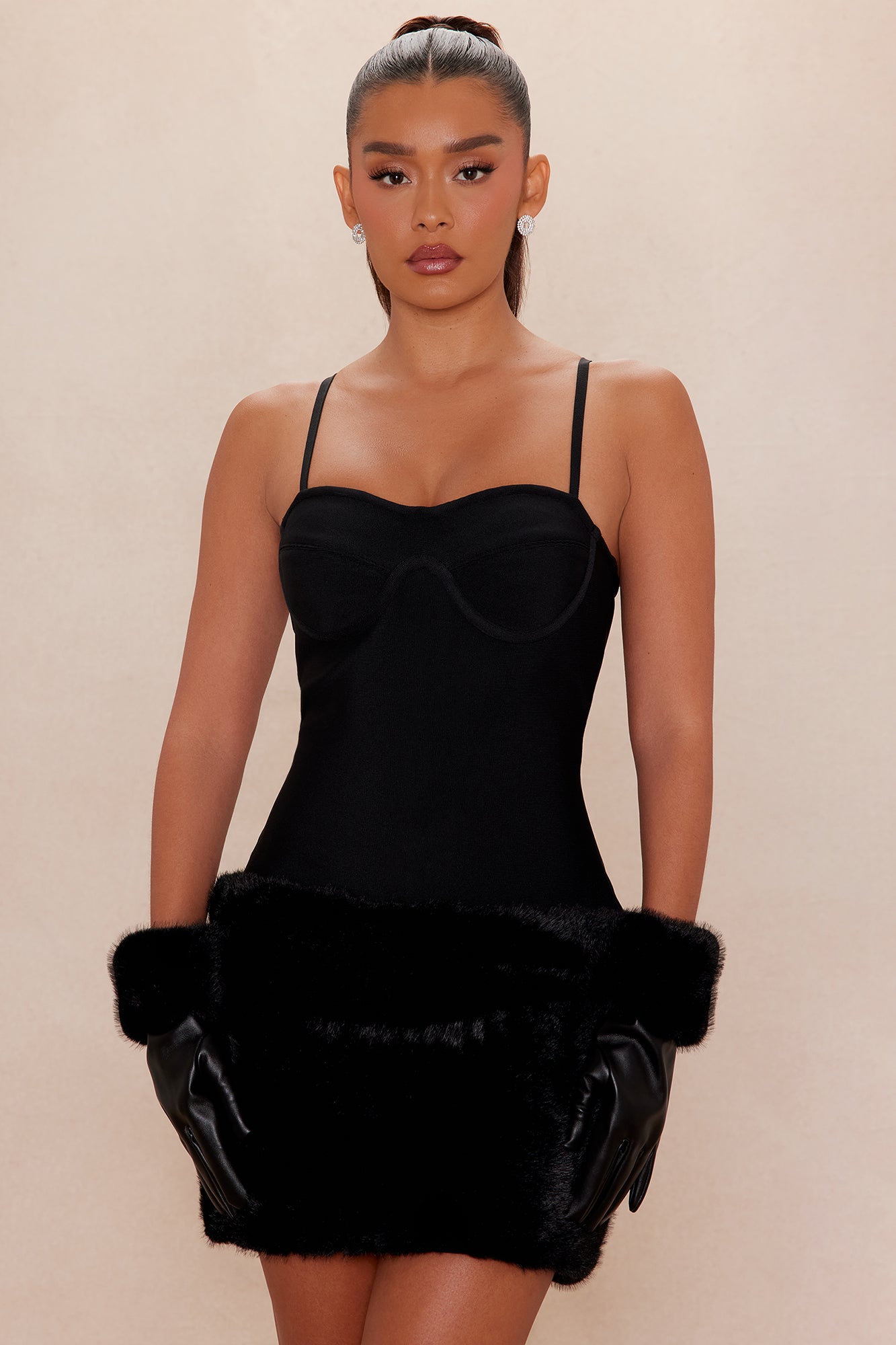Cleo Fur Bandage Mini Dress - Black