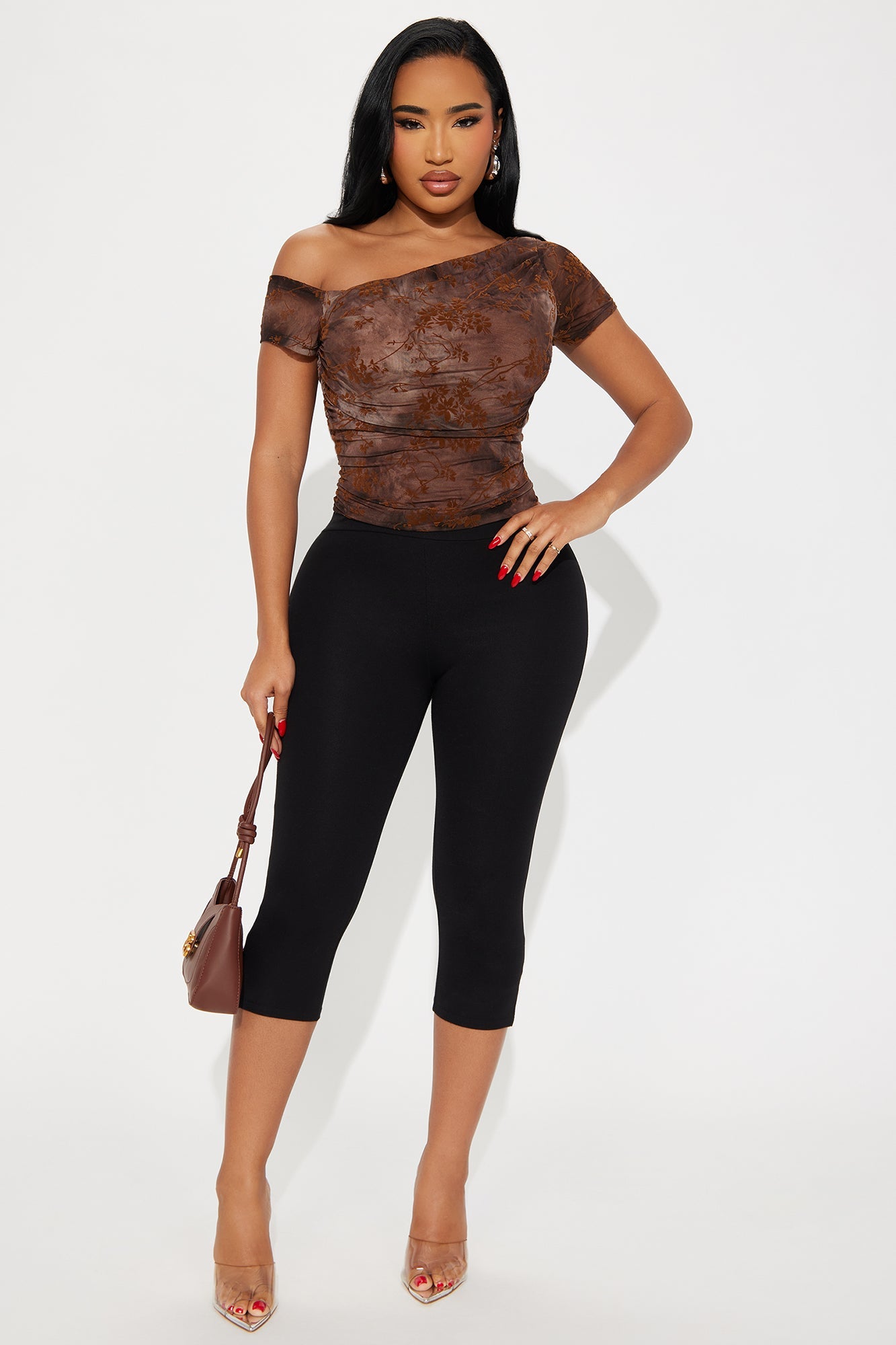 Jasper Flocked Off Shoulder Top - Brown/combo