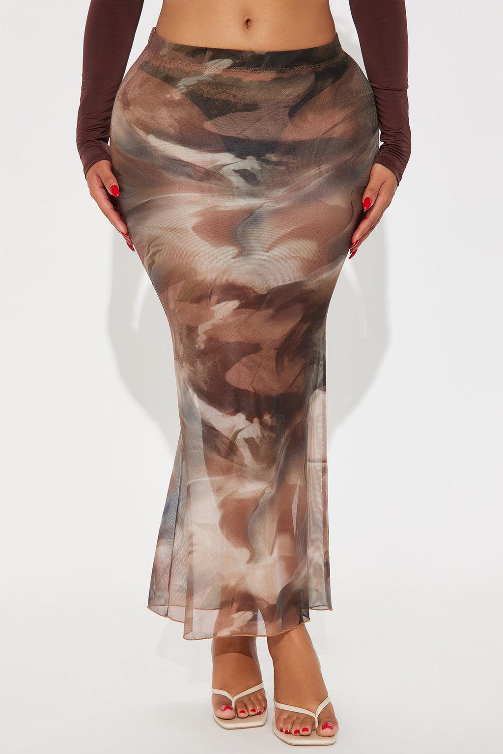 Sabine Sheer Abstract Mesh Maxi Skirt - Brown/combo