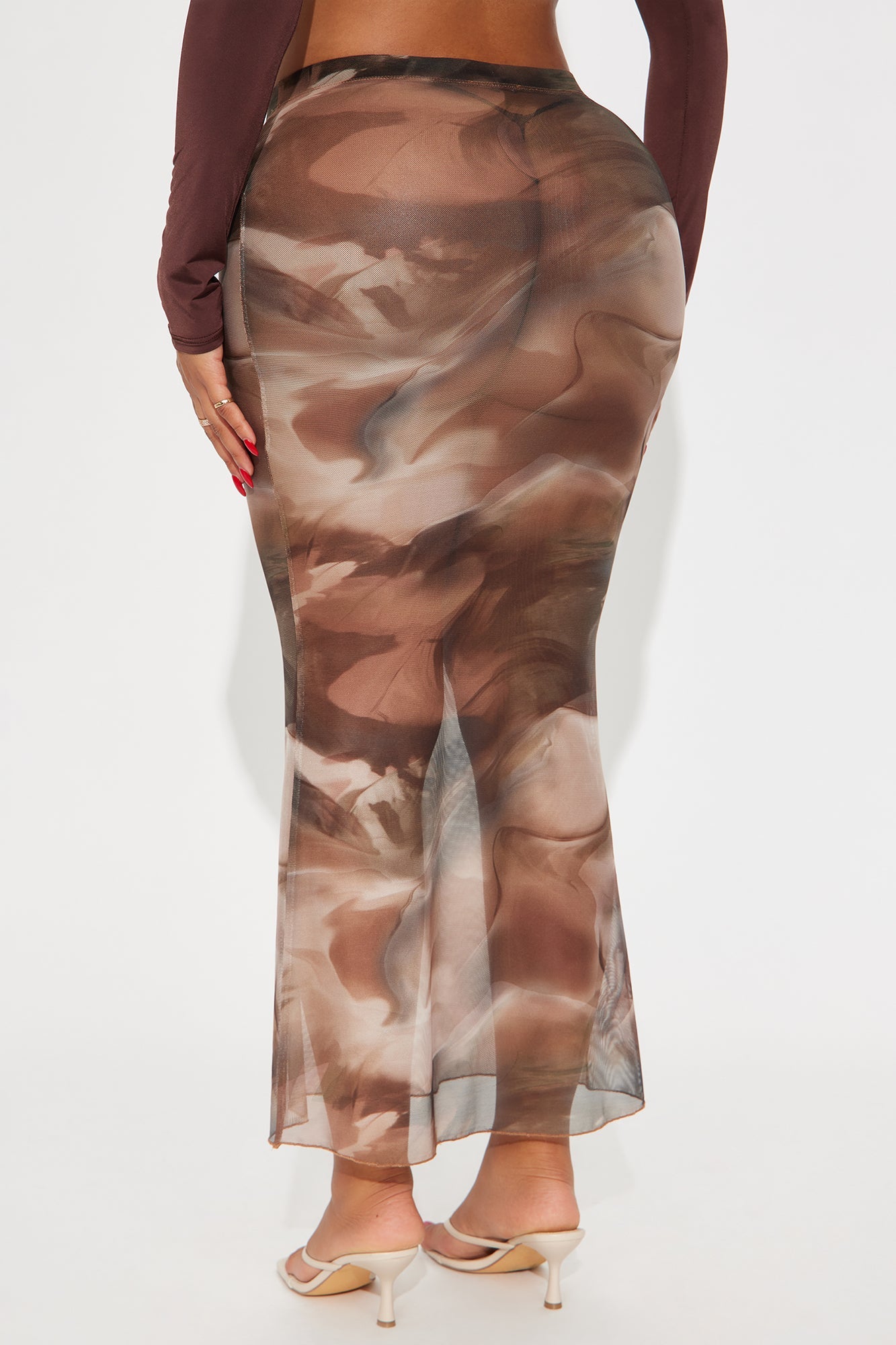 Sabine Sheer Abstract Mesh Maxi Skirt - Brown/combo