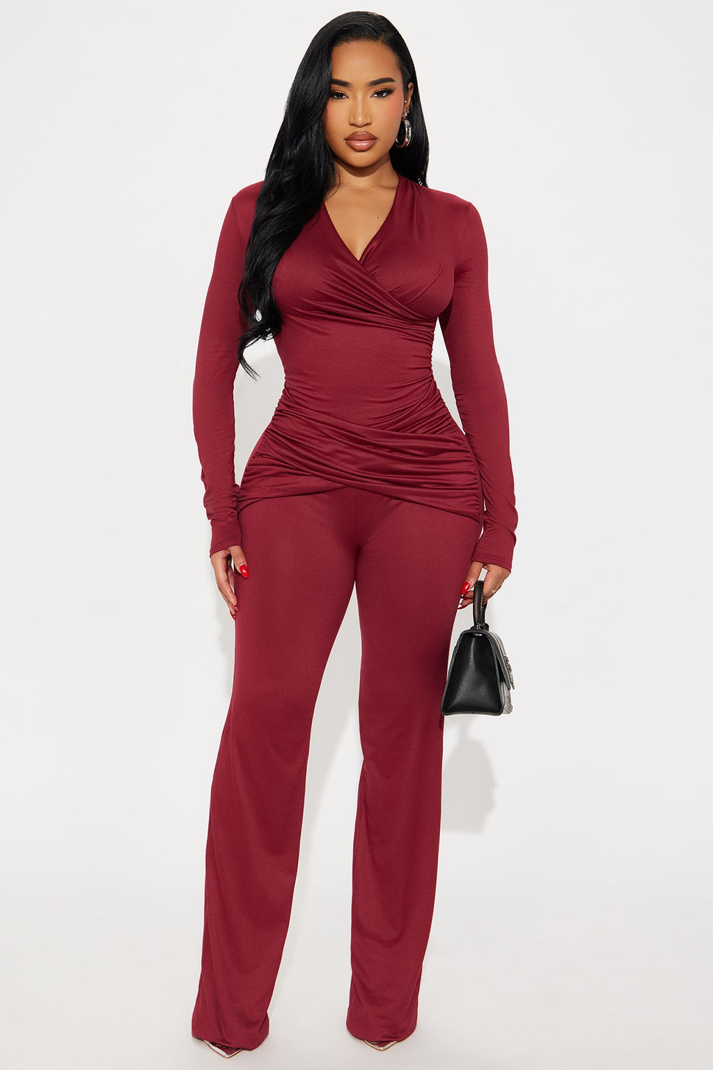 Rose Long Sleeve Wide Leg Jumpsuit - Burgundy