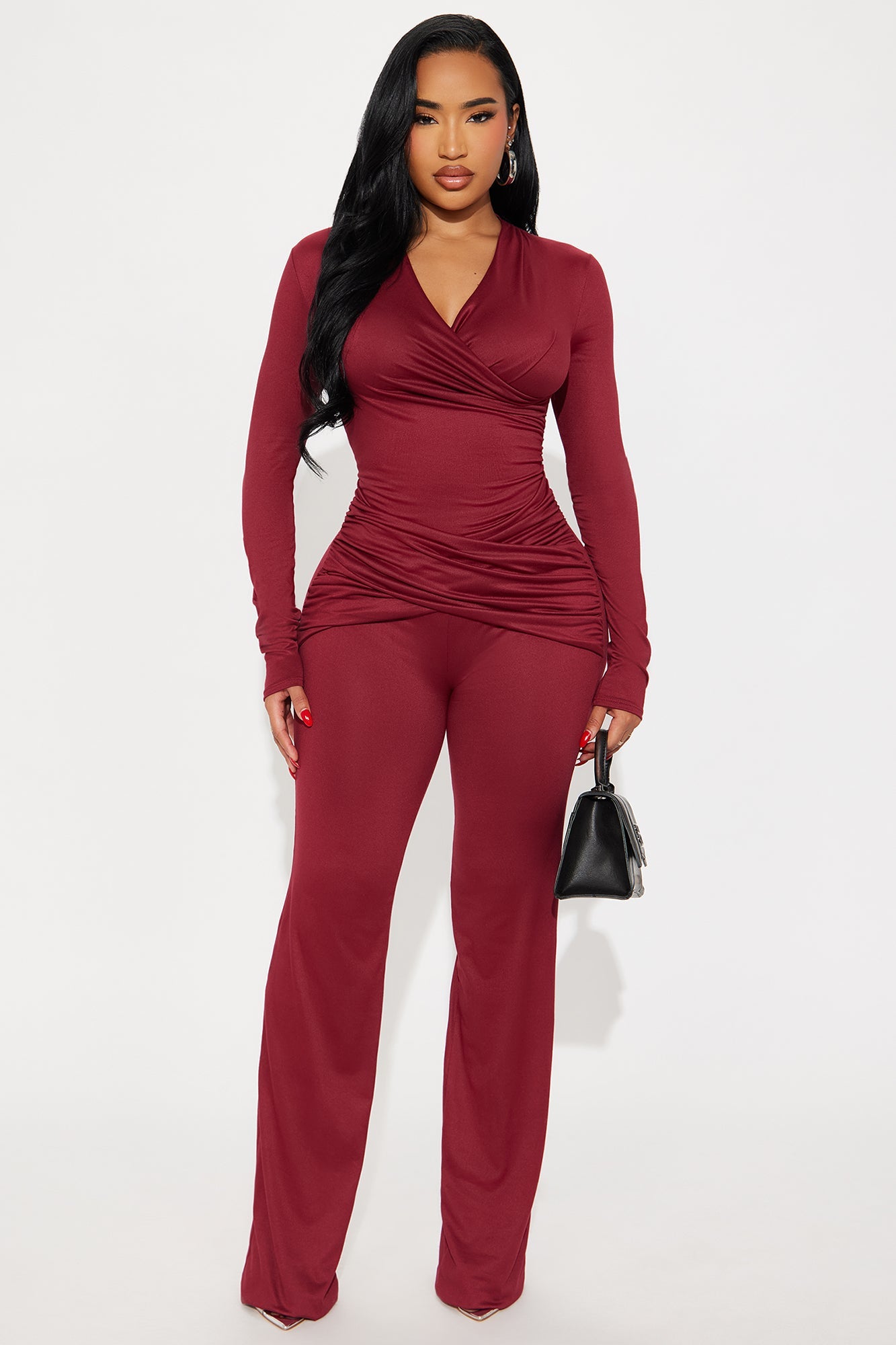 Rose Long Sleeve Wide Leg Jumpsuit - Burgundy