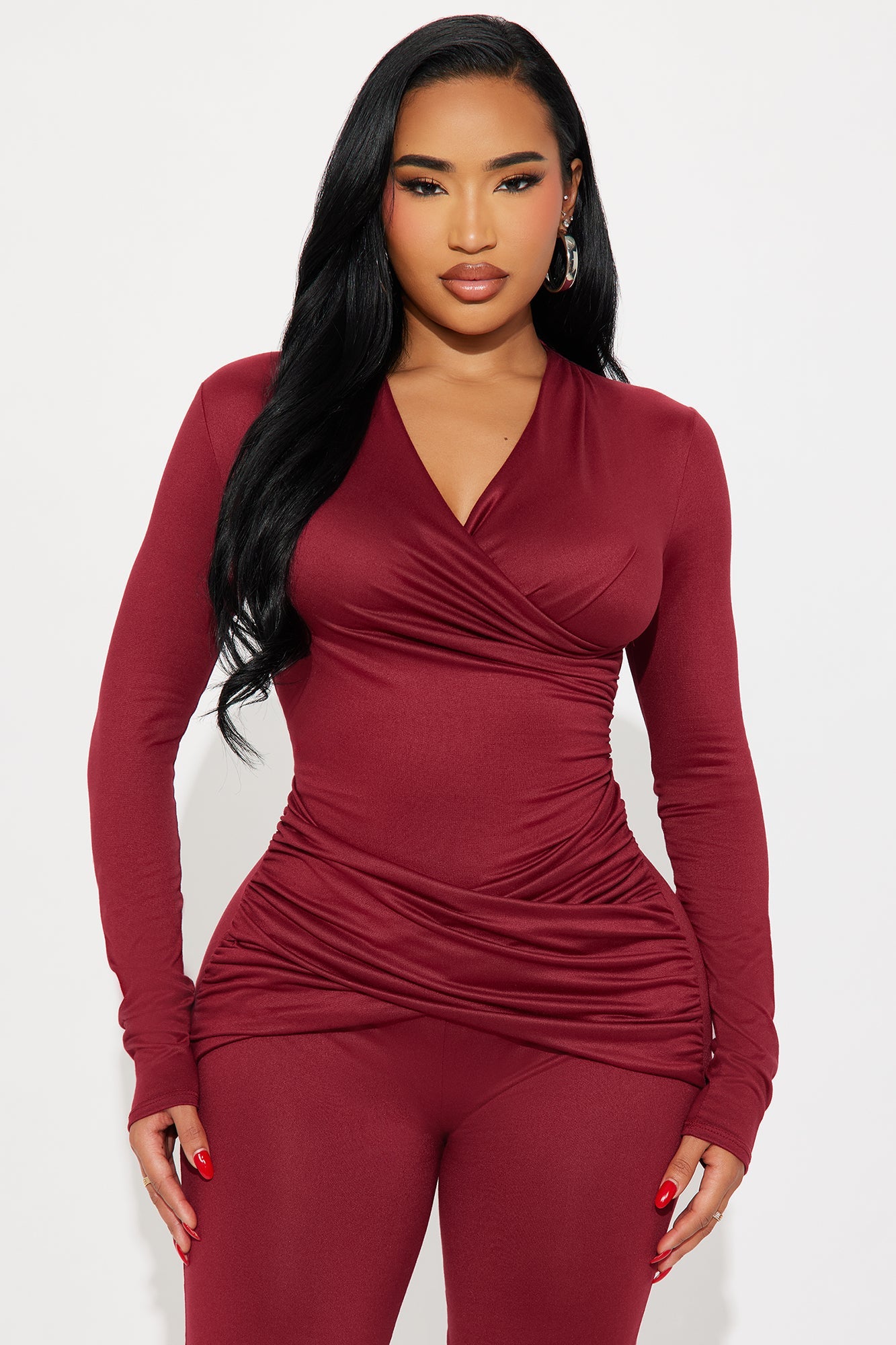 Rose Long Sleeve Wide Leg Jumpsuit - Burgundy