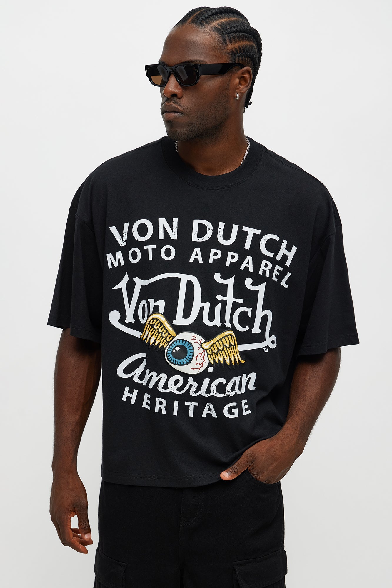 Oversized Cropped Von Dutch Moto Tee - Black