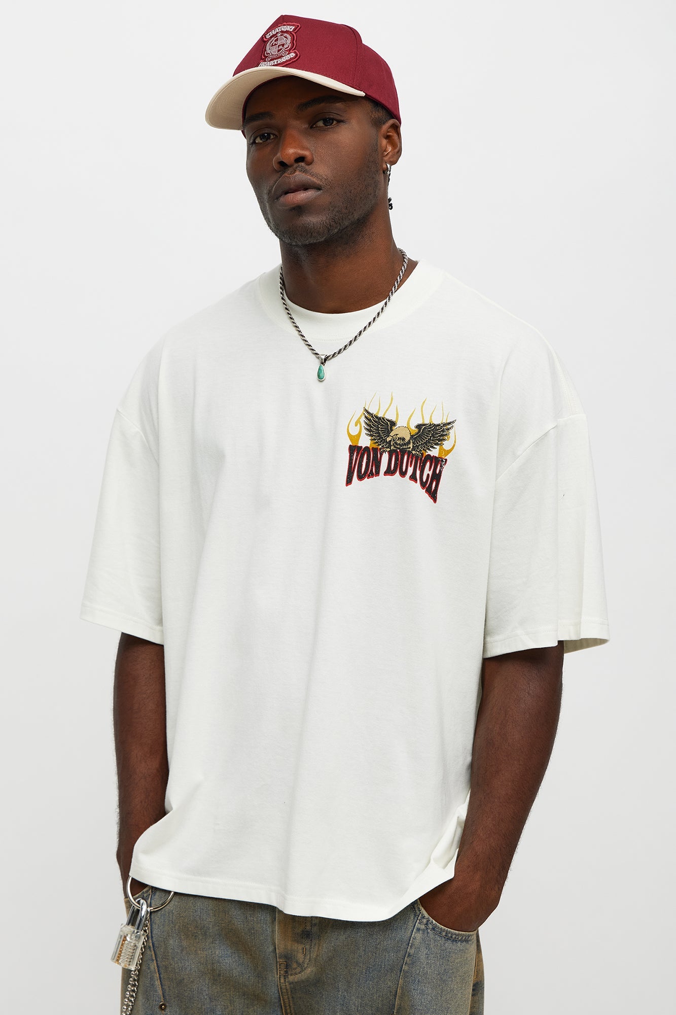 Oversized Von Dutch Eagle Patch Tee - Cream