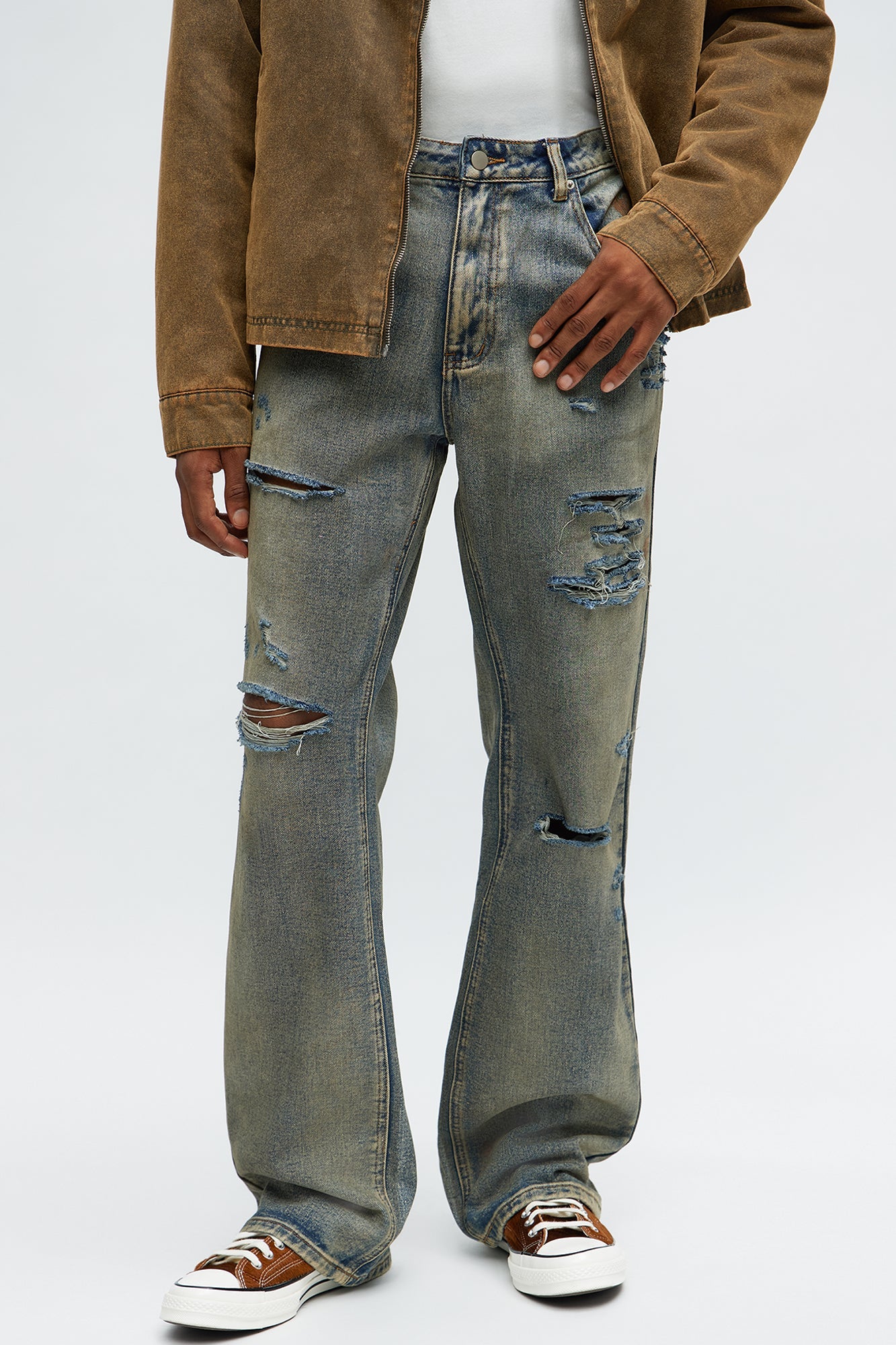 Stacked Slim Flare Burnout Distressed Jean - Medium Wash