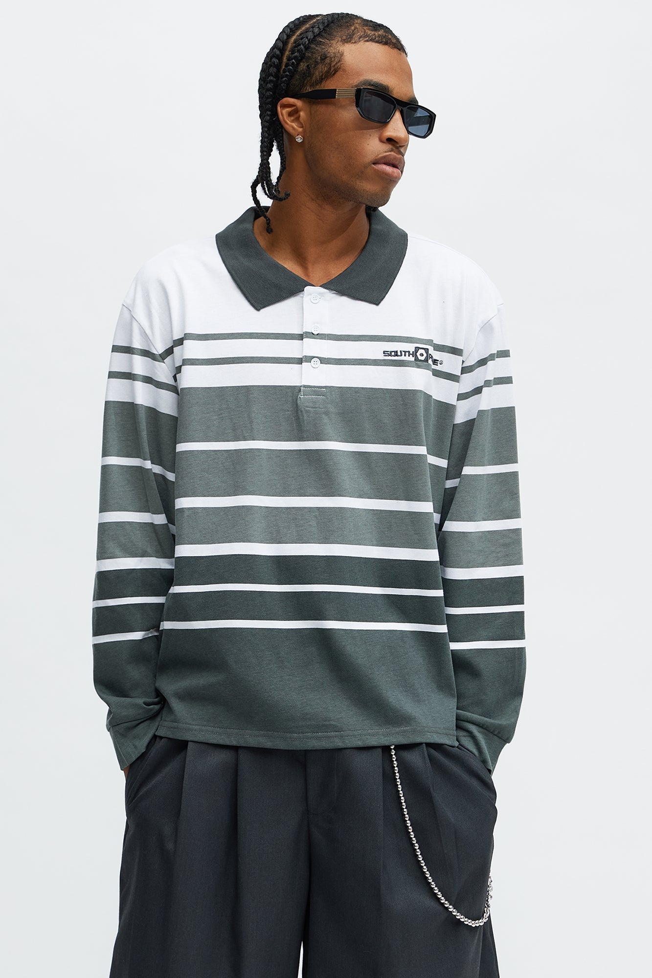Southpole Long Sleeve Thick To Thin Striped Polo - Grey